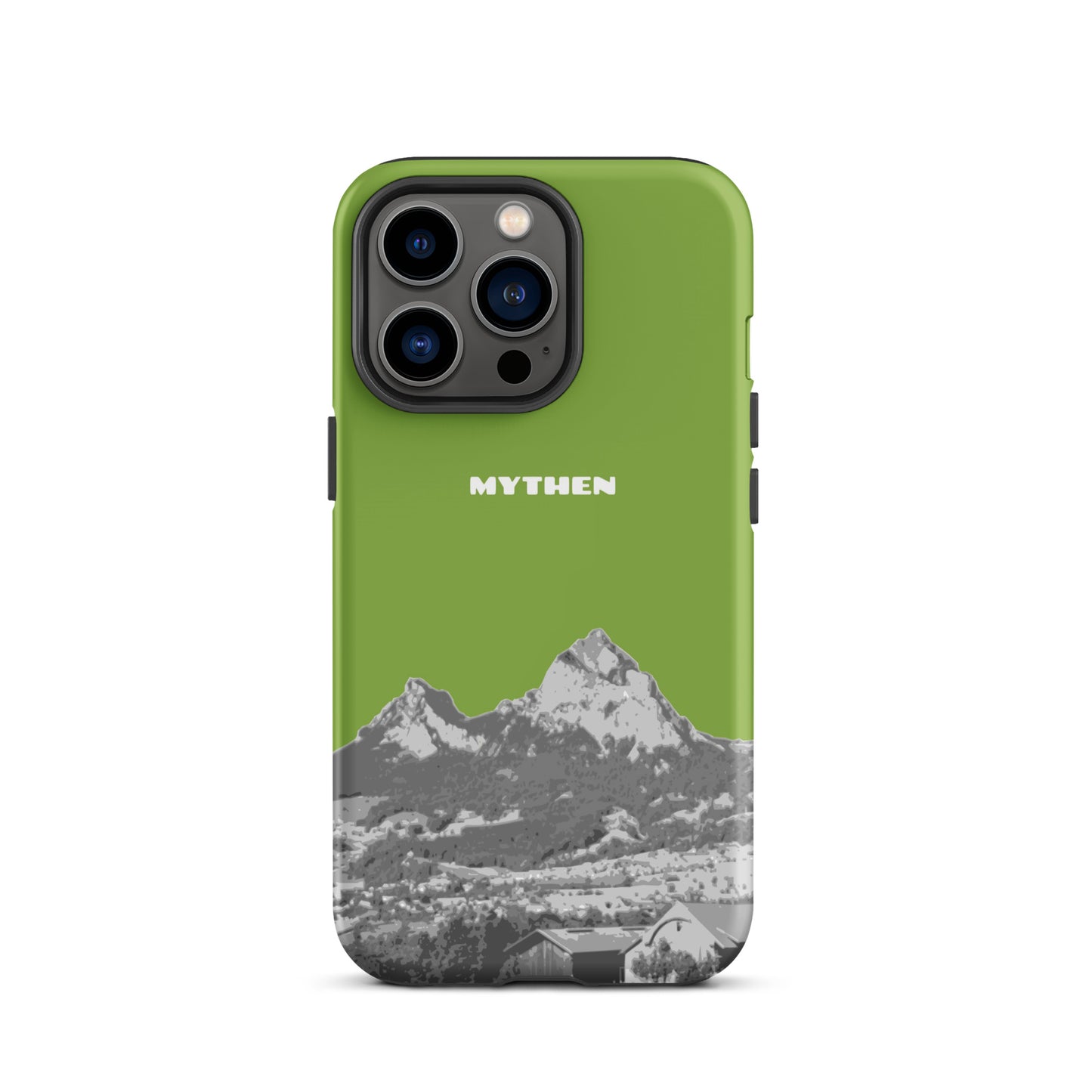 Gelbgrüne iPhone 13 Pro Hülle mit Mythen-Motiv aus Schwyz, robustes Design.