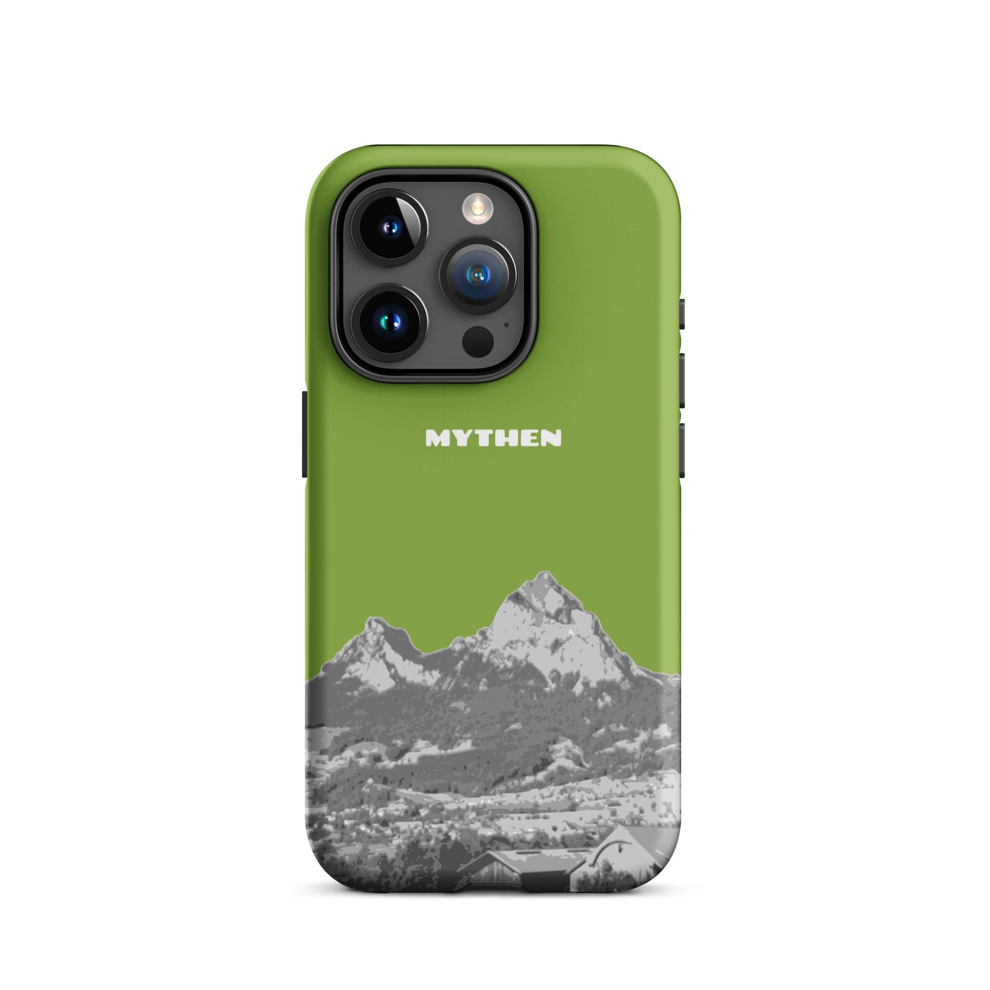 Gelbgrüne iPhone 15 Pro Hülle mit Mythen-Motiv aus Schwyz, robustes Design, präzise Aussparungen.
