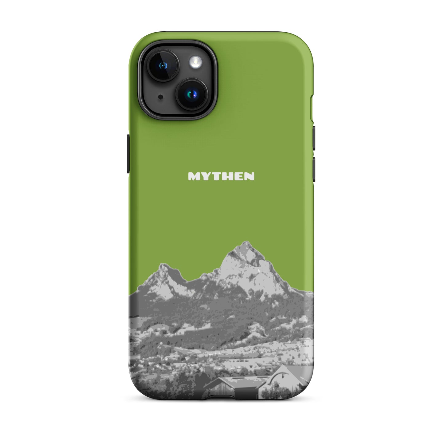 Gelbgrüne iPhone 15 Plus Hülle mit Mythenmotiv aus Schwyz, robustes Design.