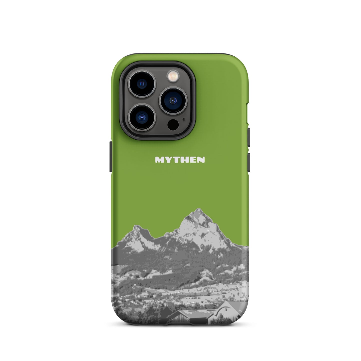 Gelbgrüne iPhone 14 Pro Schutzhülle mit Design des Grossen Mythen und Kleinen Mythen bei Schwyz.