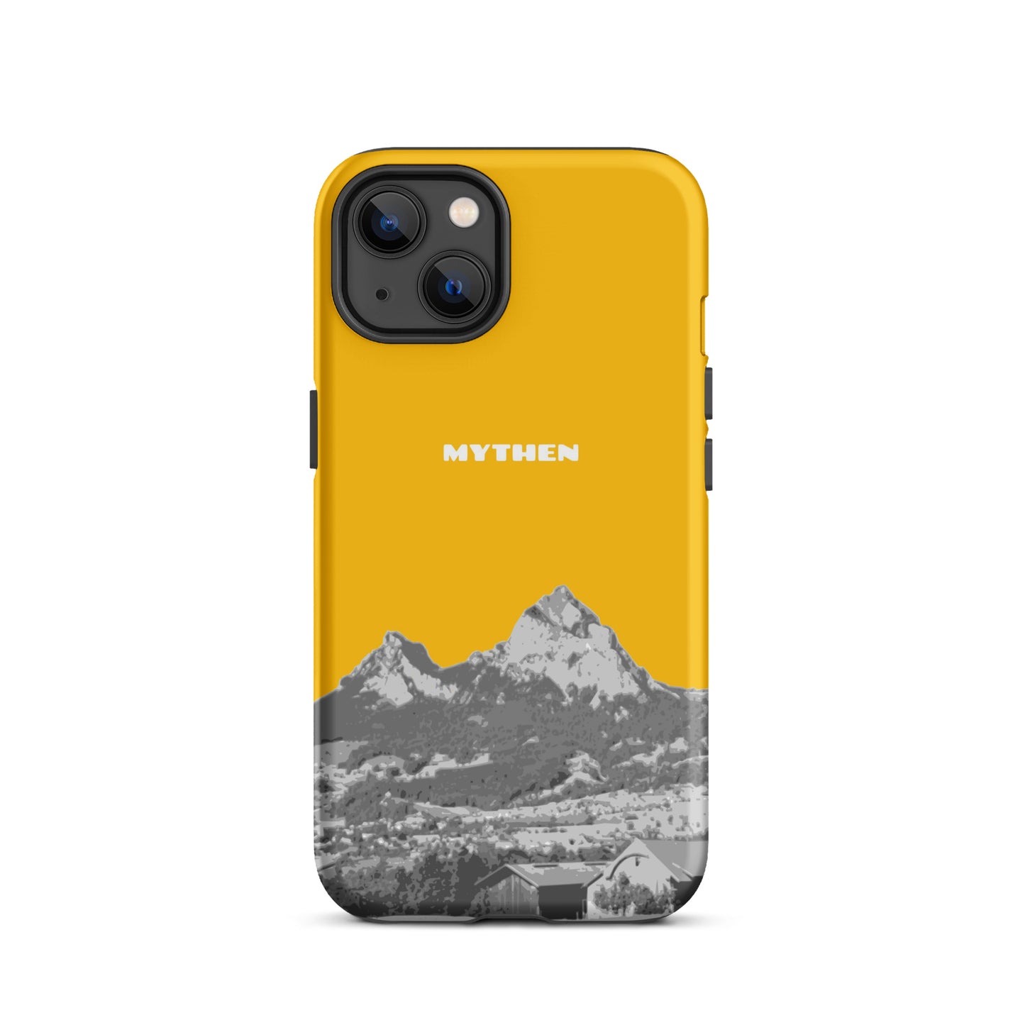 Goldgelbe iPhone 13 Hülle mit Mythen-Motiv, Schutzhülle aus robustem Material, Design mit Schweizer Landschaft.