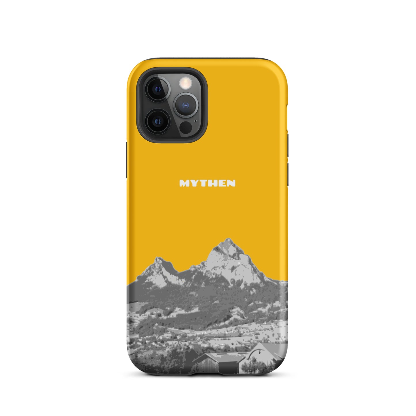 Goldgelbe iPhone 12 Pro Hülle mit Mythen Design aus Schwyz, robustes Material mit detailliertem Druck.