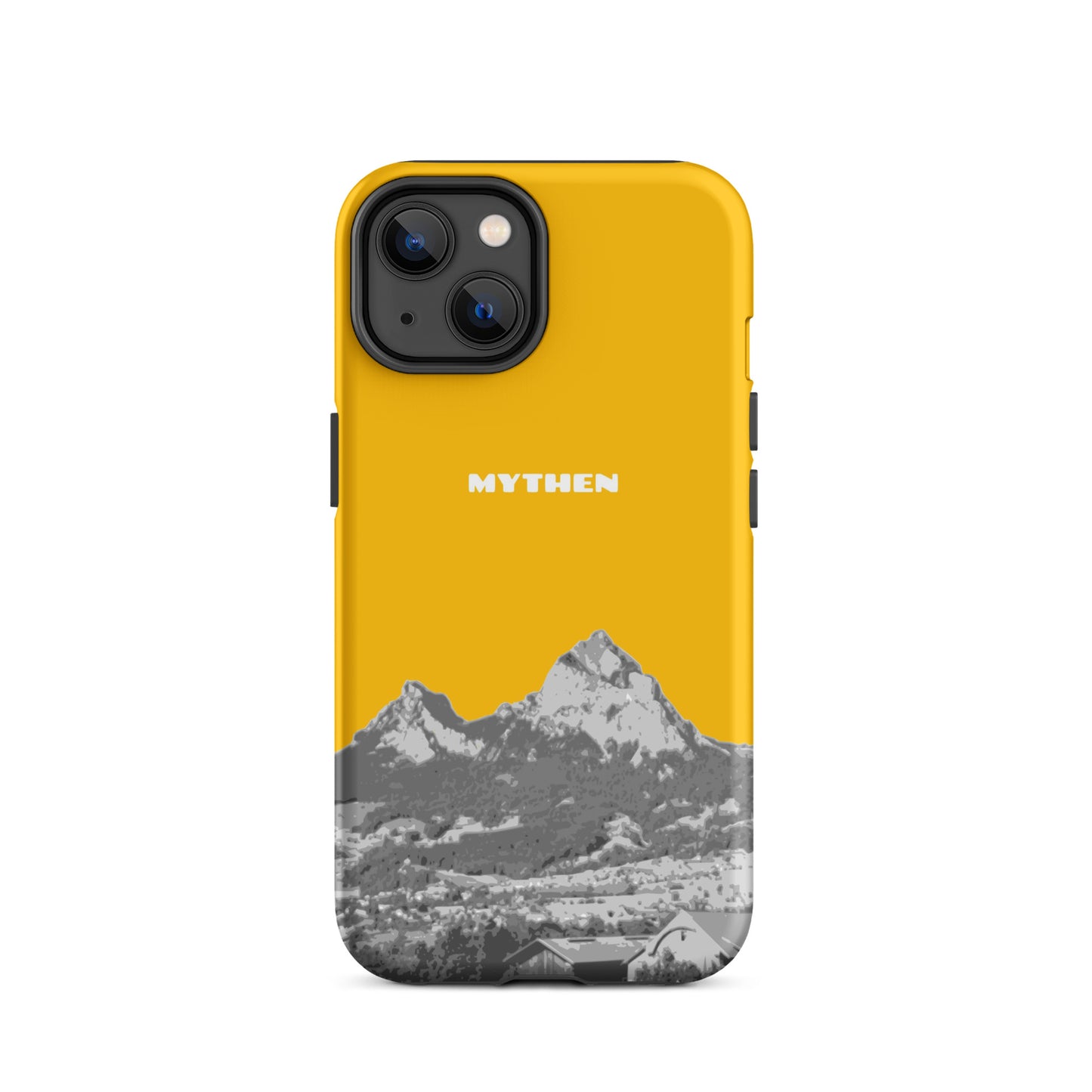 Goldgelbe iPhone 14 Hülle mit Mythen-Motiv aus Schwyz, robustes Design.