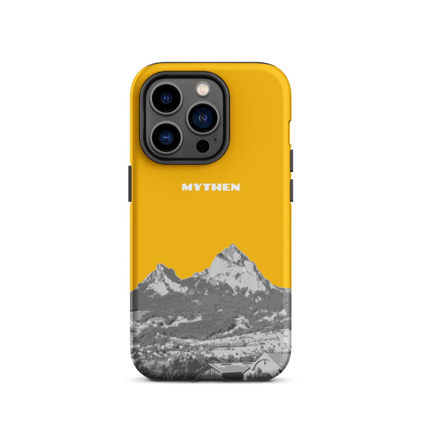 Goldgelbe iPhone 14 Pro Schutzhülle mit detailliertem Design der Mythen bei Schwyz, robust und stilvoll.