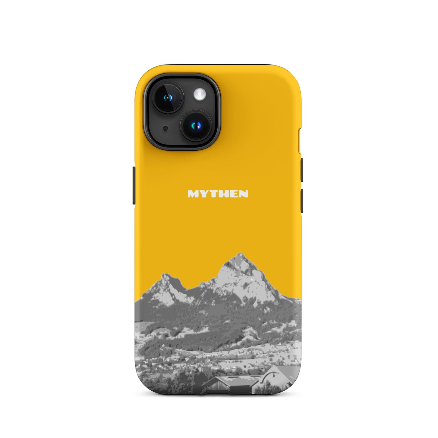 Goldgelbe iPhone 15 Hülle mit Mythen-Motiv aus Schwyz, robustes Design.