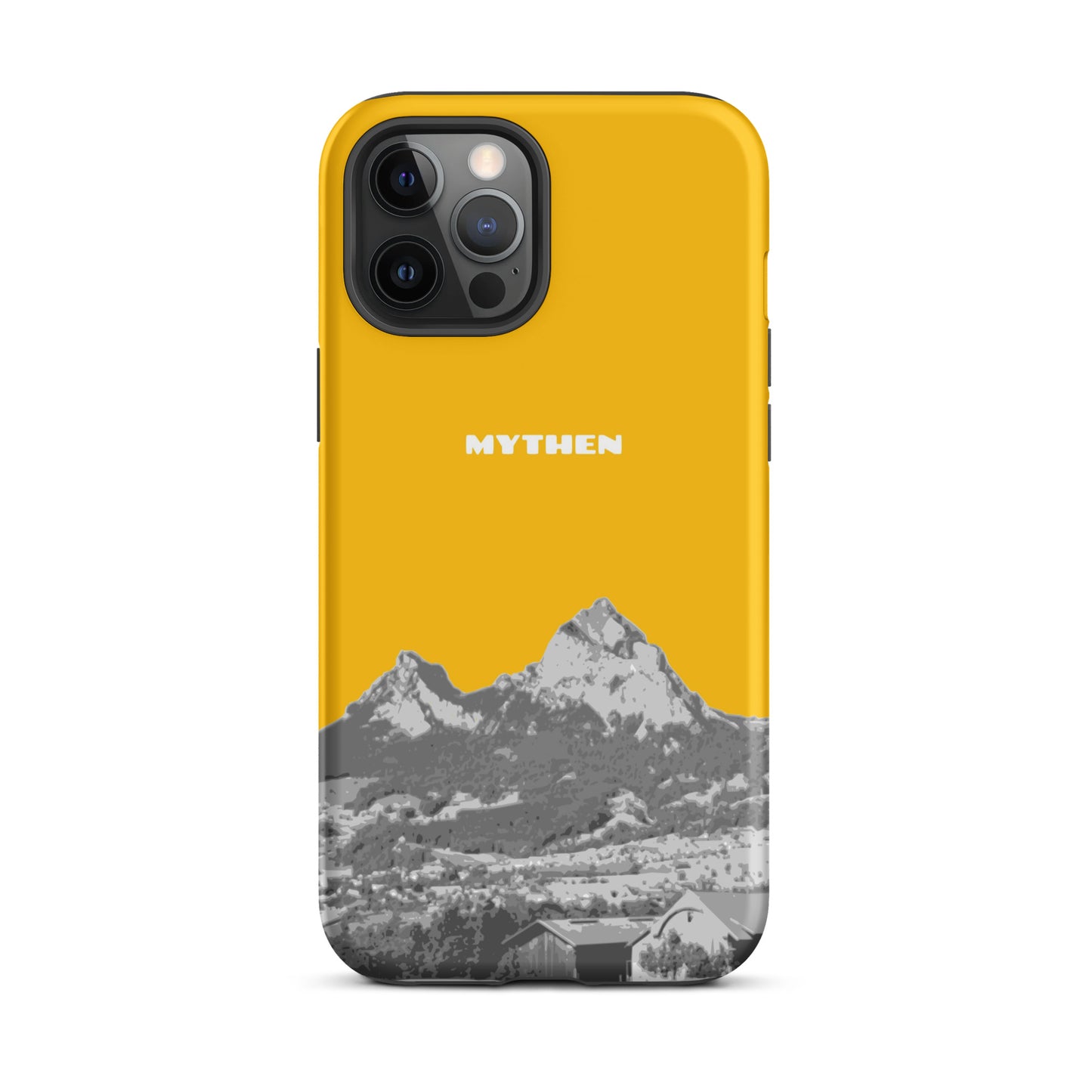 Goldgelbe iPhone 12 Pro Max Hülle mit Mythen-Motiv aus Schwyz, präzise Aussparungen, schlankes Design.