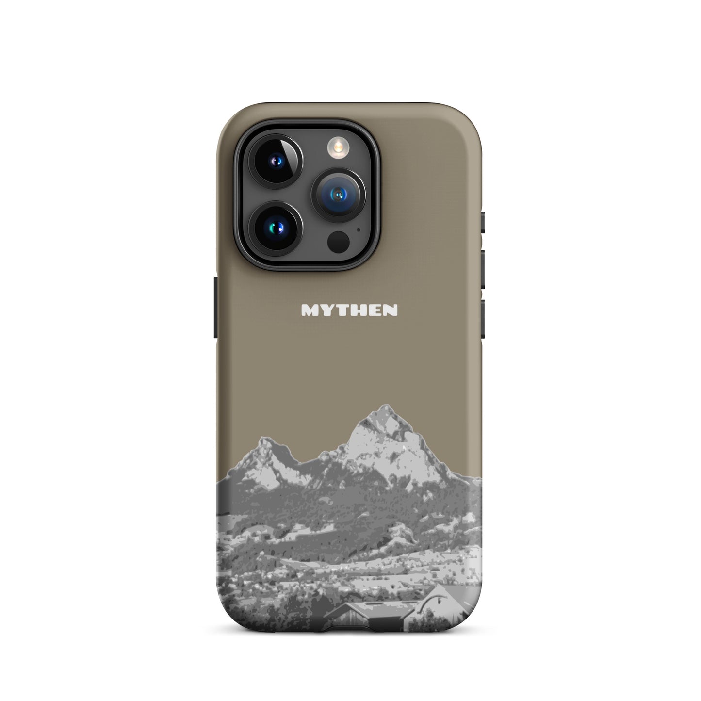 Graubraune iPhone 15 Pro Hülle mit Mythenmotiv aus Schwyz, robustes Design.