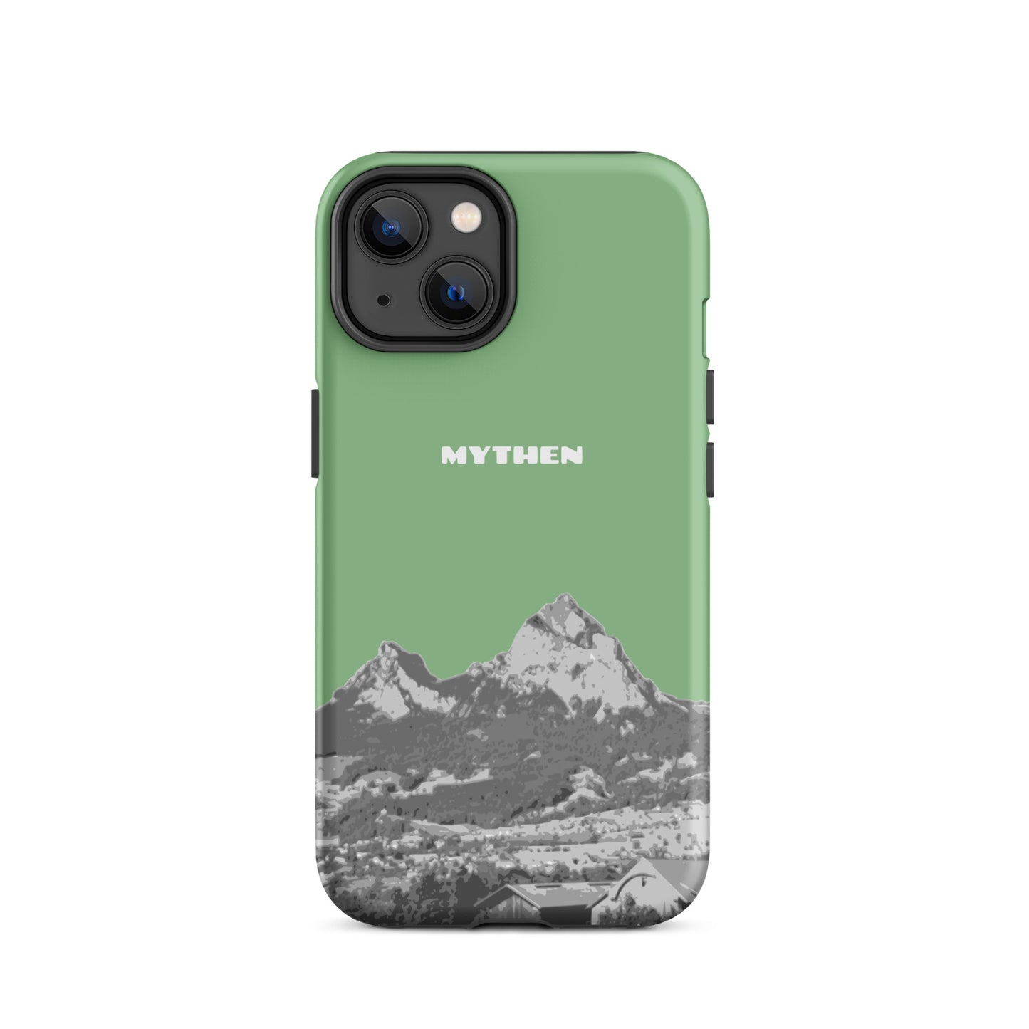 Hellgrüne iPhone 14 Hülle mit Mythen-Motiv aus Schwyz, robustes Design.