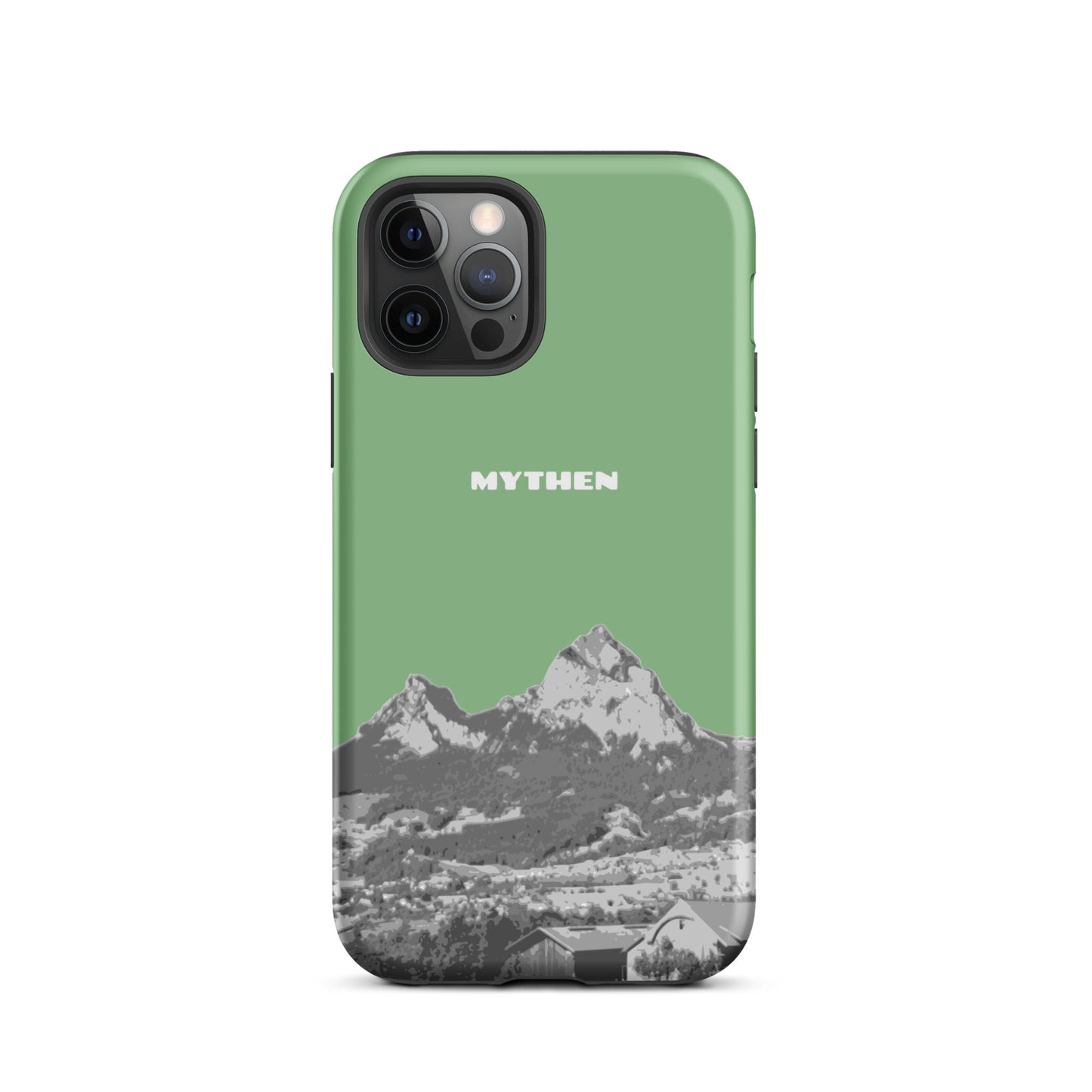 iPhone 12 Pro Handyhülle in Hellgrün mit Mythenmotiv aus Schwyz, robustes Design, präzise Aussparungen.