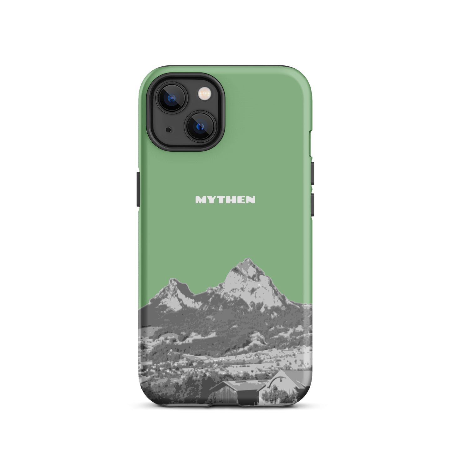 Hellgrüne iPhone 13 Hülle mit Mythen-Motiv aus Schwyz, robustes Design, präzise Aussparungen.
