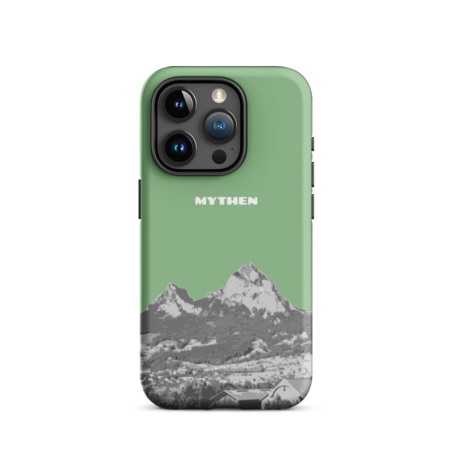 iPhone 15 Pro Handyhülle in Hellgrün mit Mythen-Motiv aus Schwyz, robustes Design.
