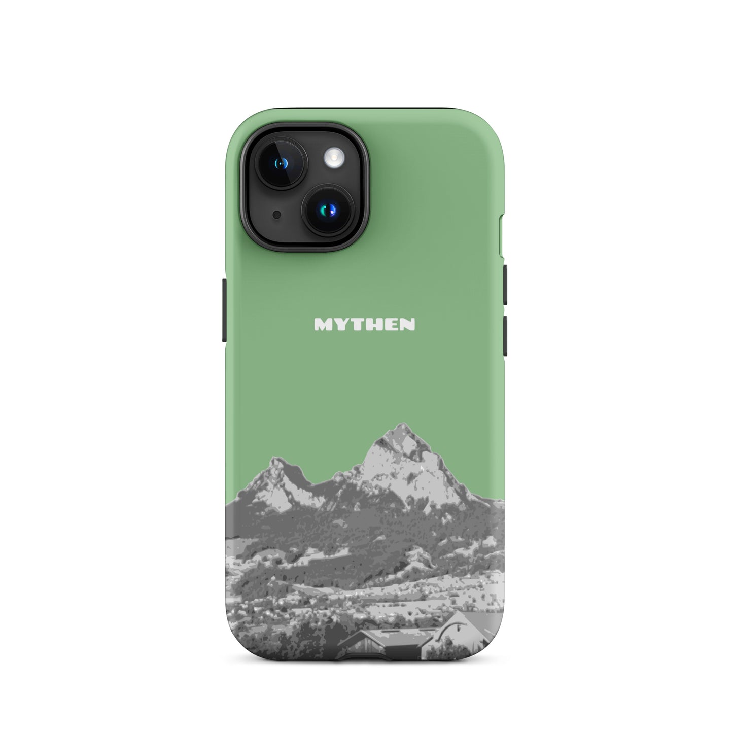 Hellgrüne iPhone 15 Hülle mit Motiv der Mythen bei Schwyz, robustes Design, präzise Aussparungen.