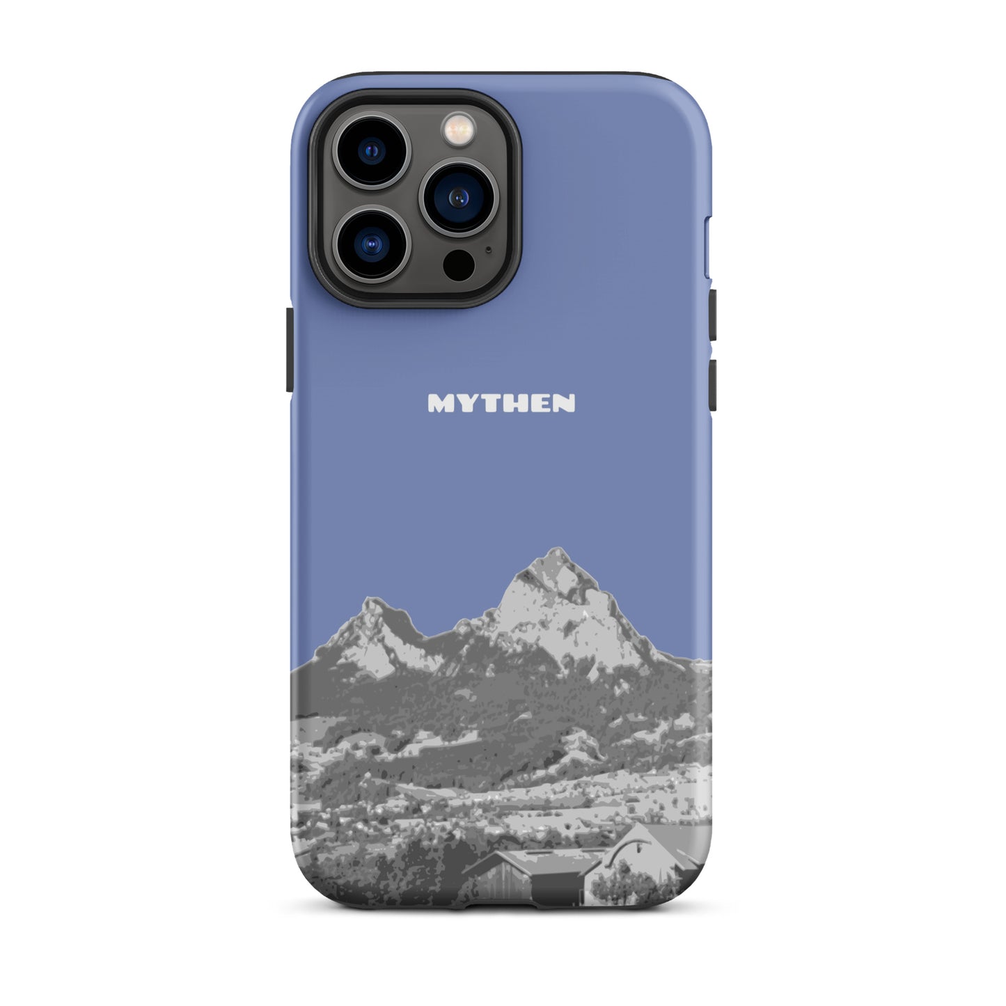 iPhone 13 Pro Max Hülle in Pastellblau mit Mythen-Motiv, Schwyz-Landschaft, Schutzhülle aus robustem Material.