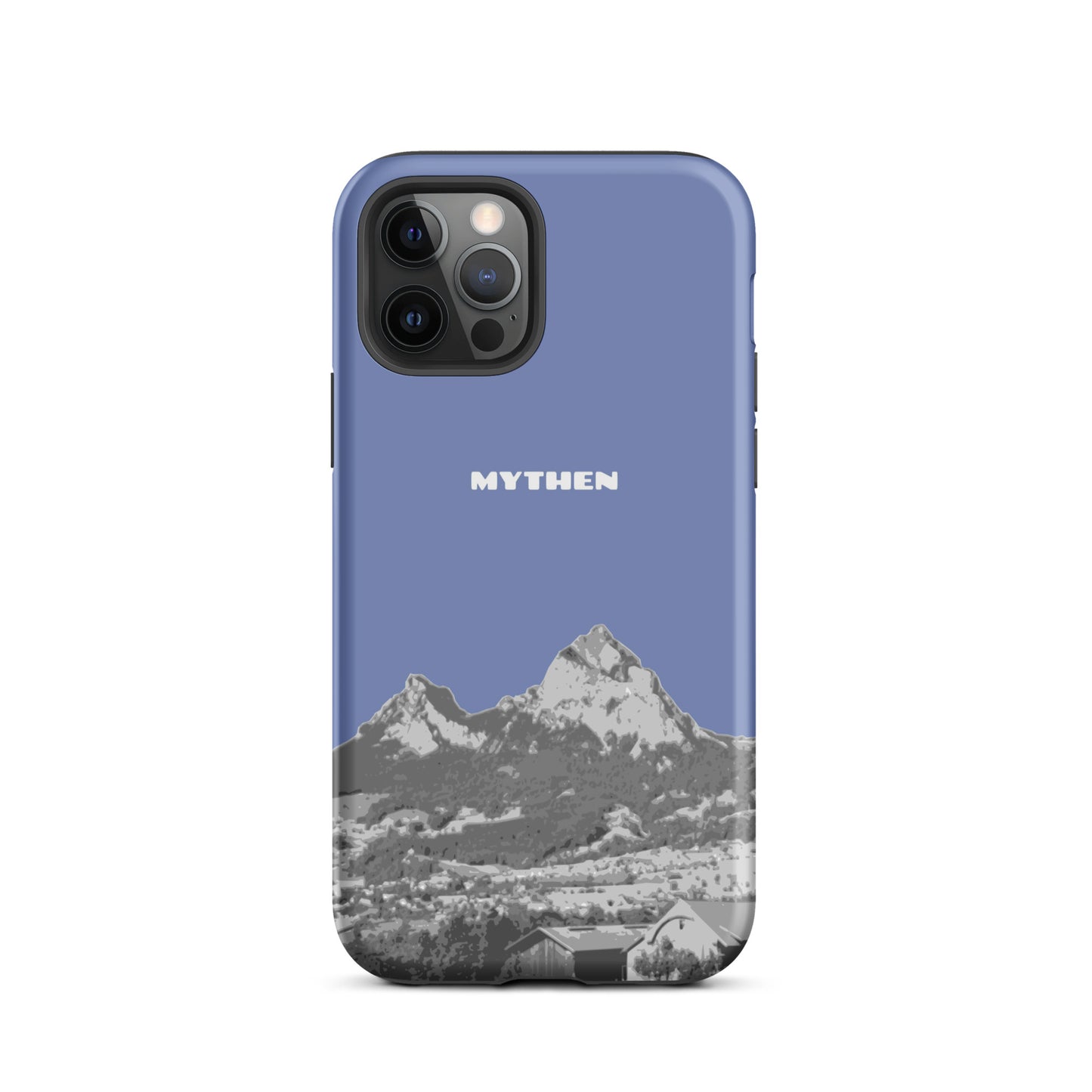 Pastellblaue iPhone 12 Pro Hülle mit Mythenmotiv aus Schwyz, Schutzhülle aus robustem Material.