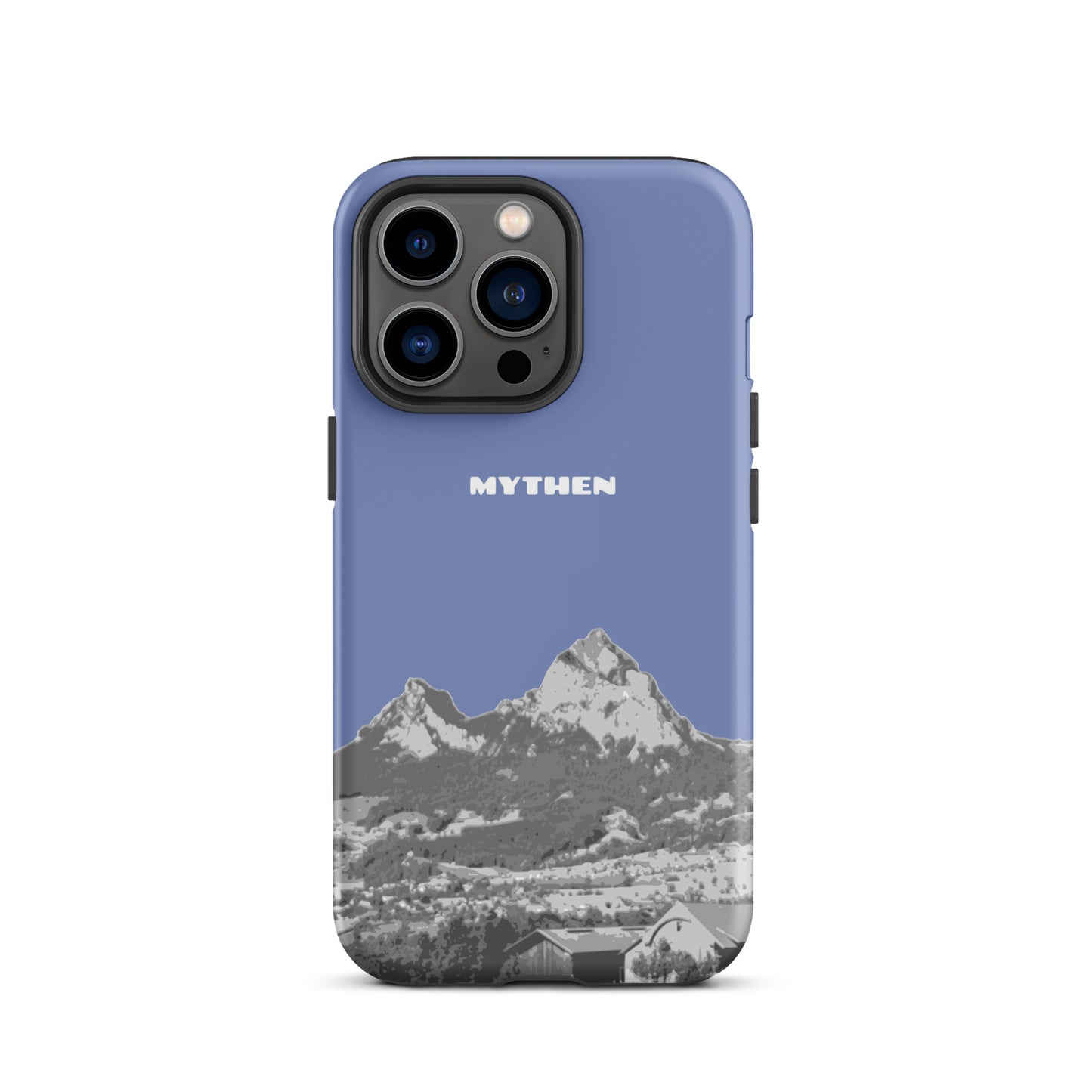 iPhone 13 Pro Hülle in Pastellblau mit Mythen-Motiv aus Schwyz, robustes Design.