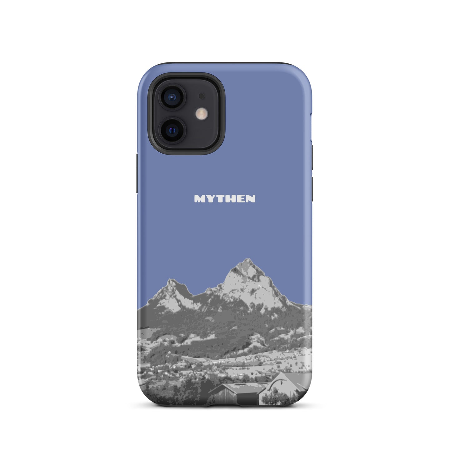 iPhone 12 Hülle in Pastellblau mit Mythen-Motiv aus Schwyz, stossfest und schlank.