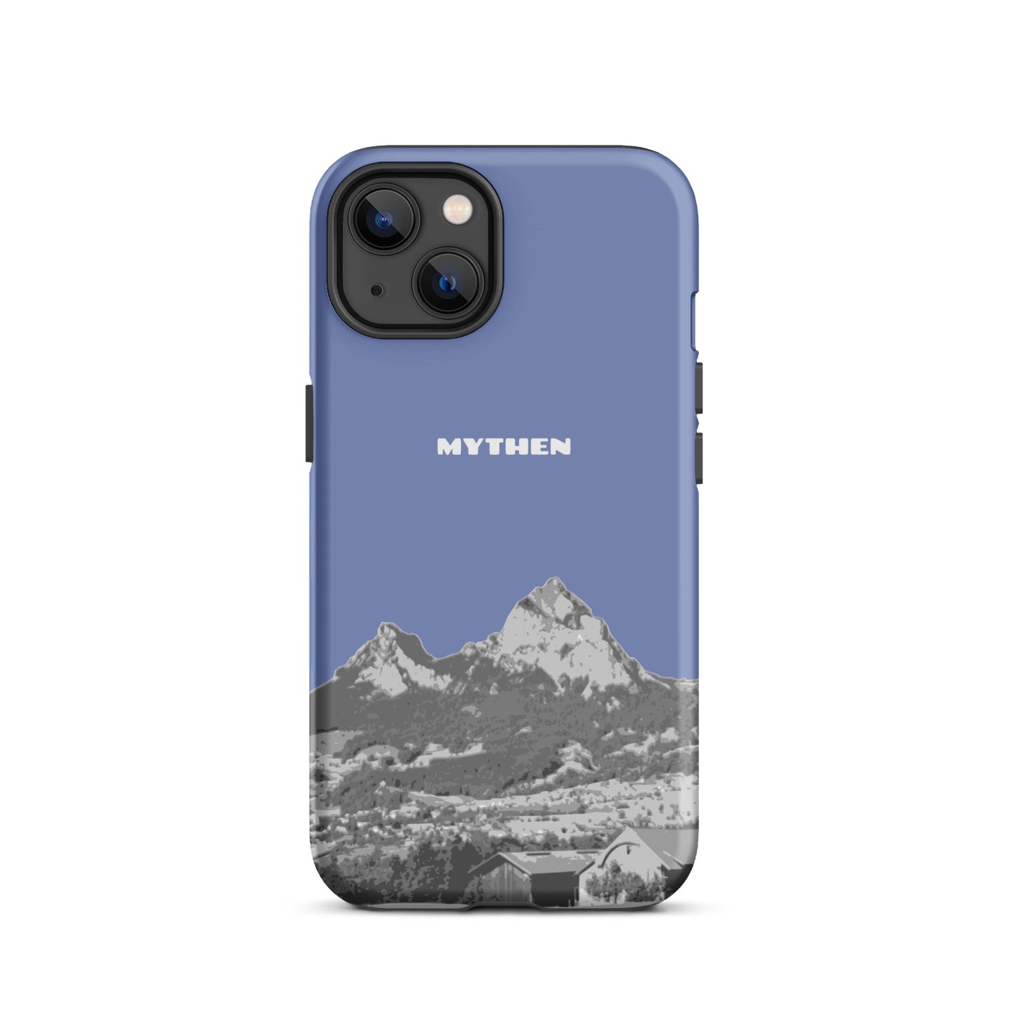 Pastellblaue iPhone 13 Hülle mit Mythen-Motiv, Schutzhülle aus robustem Material, bedruckt mit den Grossen Mythen und Kleinen Mythen bei Schwyz.