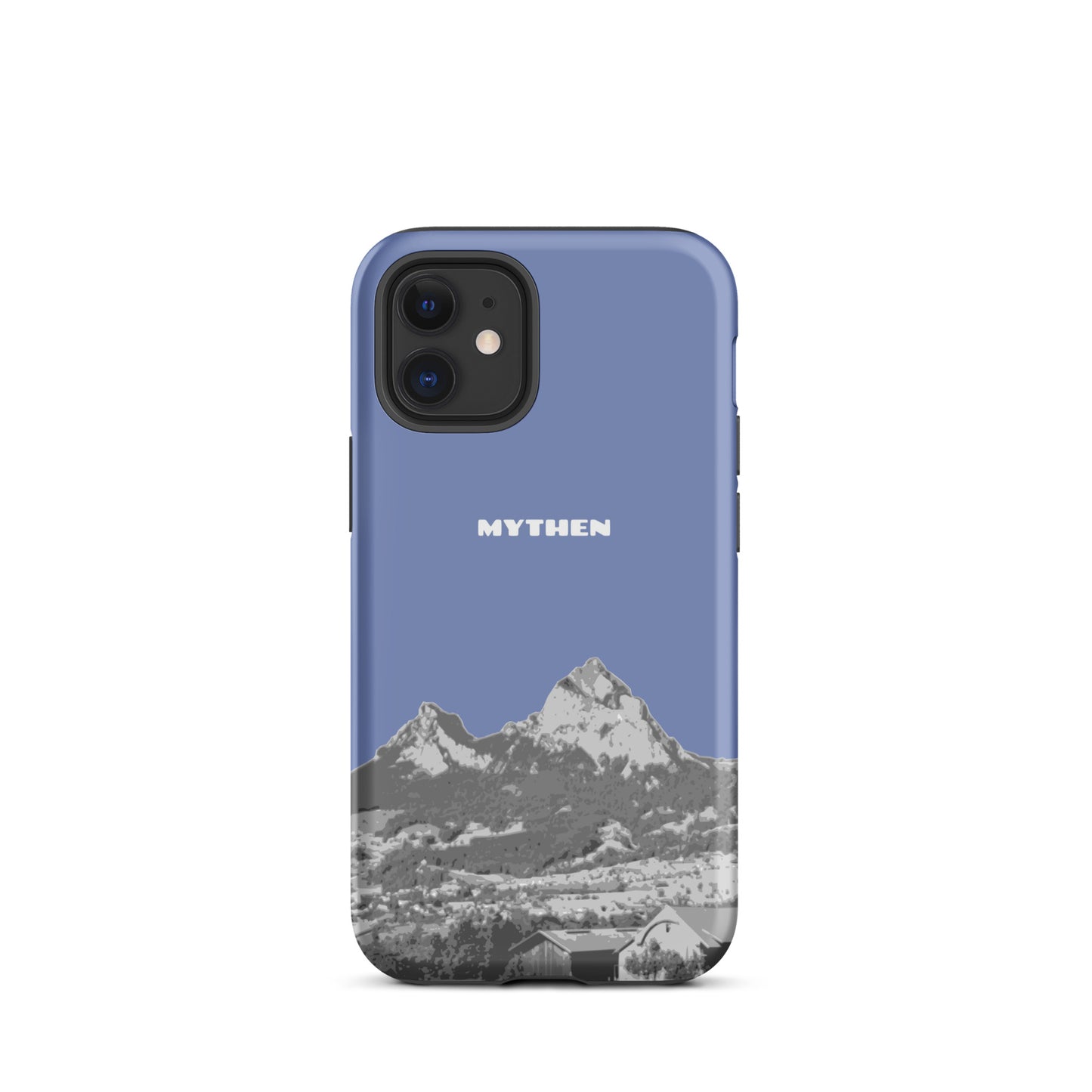 Pastellblaue iPhone 12 mini Hülle mit Motiv der Grossen und Kleinen Mythen bei Schwyz.