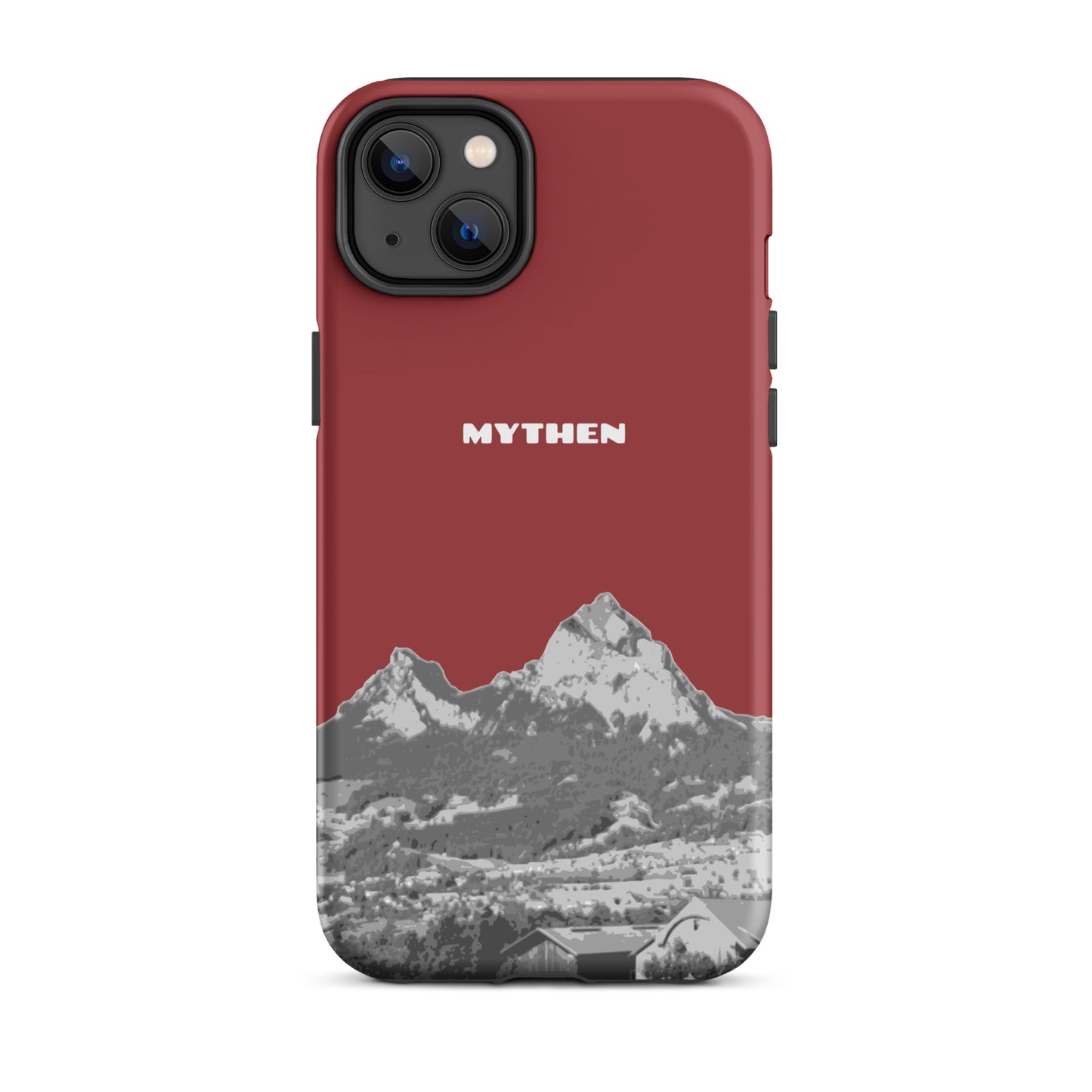 Rote iPhone 14 Plus Handyhülle mit Motiv der Mythen bei Schwyz, robustes TPU-Material, präzise Aussparungen.