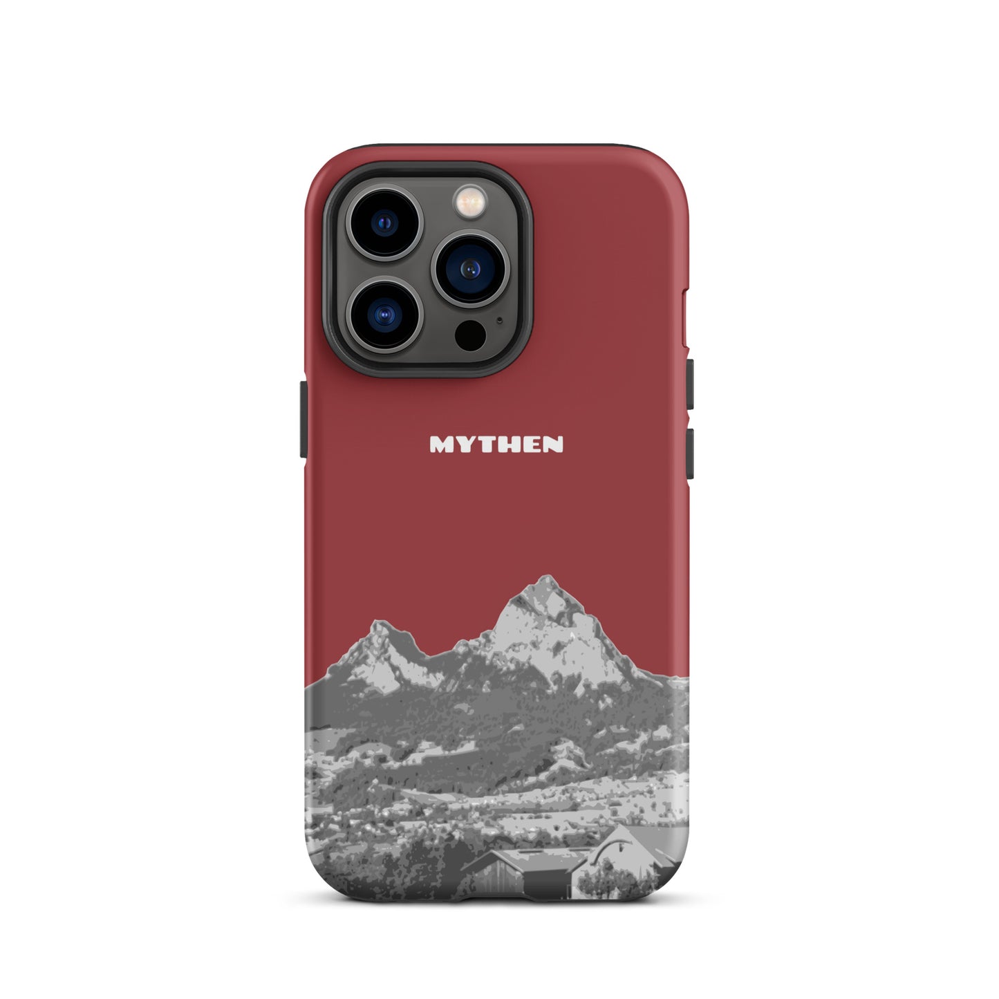 Rote iPhone 13 Pro Hülle mit Motiv der Mythenberge bei Schwyz, Schutzhülle aus robustem Material