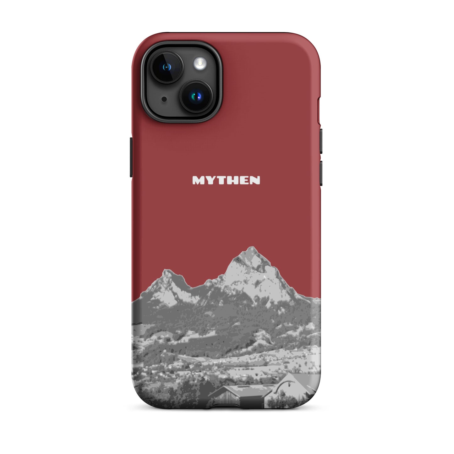 Rote iPhone 15 Plus Hülle mit Mythen-Motiv aus Schwyz, stoßfest und schlank.