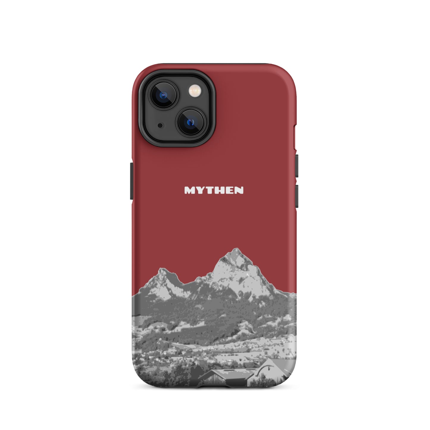 Rote iPhone 14 Hülle mit Mythen-Motiv aus Schwyz, robustes Design, präzise Aussparungen.