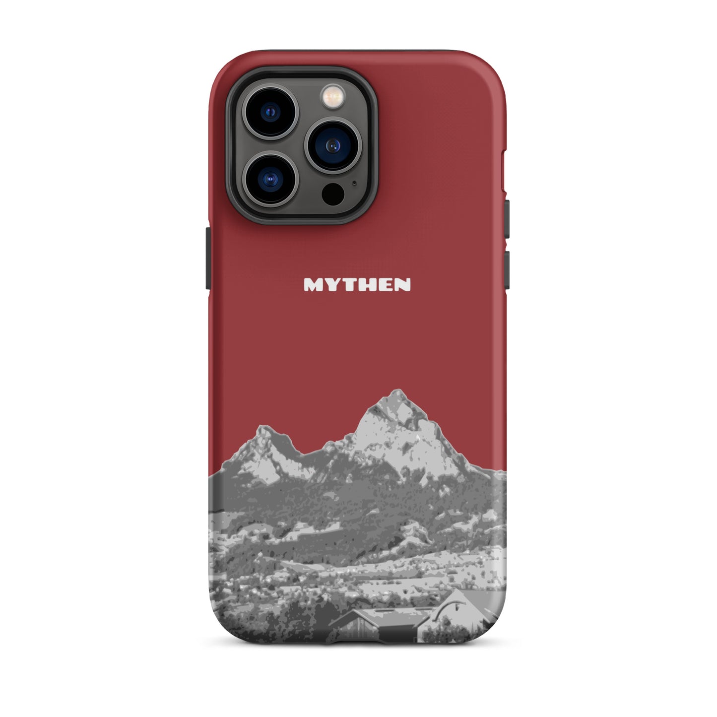 Rote iPhone 14 Pro Max Hülle mit Mythen-Motiv aus Schwyz, robustes Design, präzise Aussparungen.