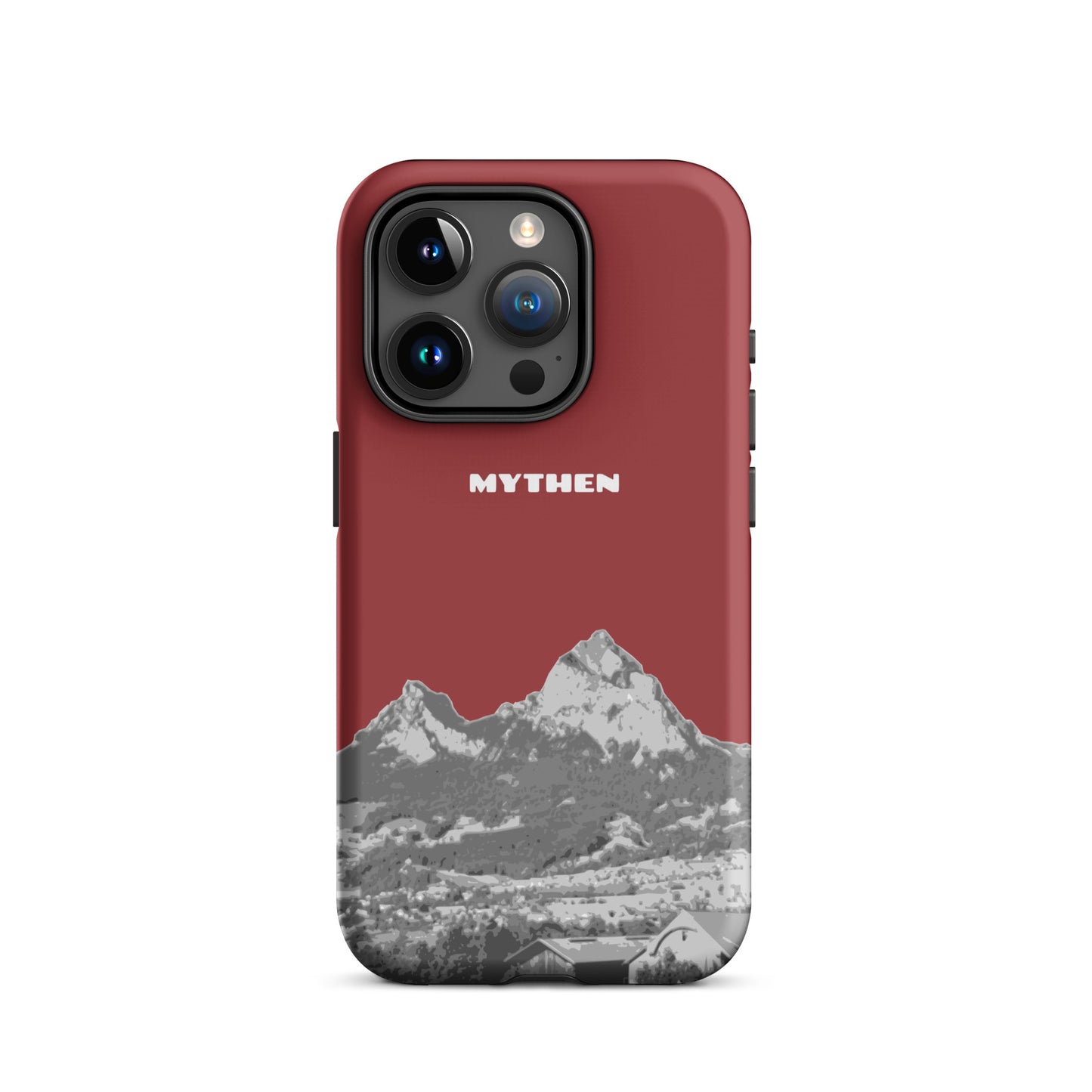 Rote iPhone 15 Pro Handyhülle mit Motiv der Mythenberge bei Schwyz, Schweiz.