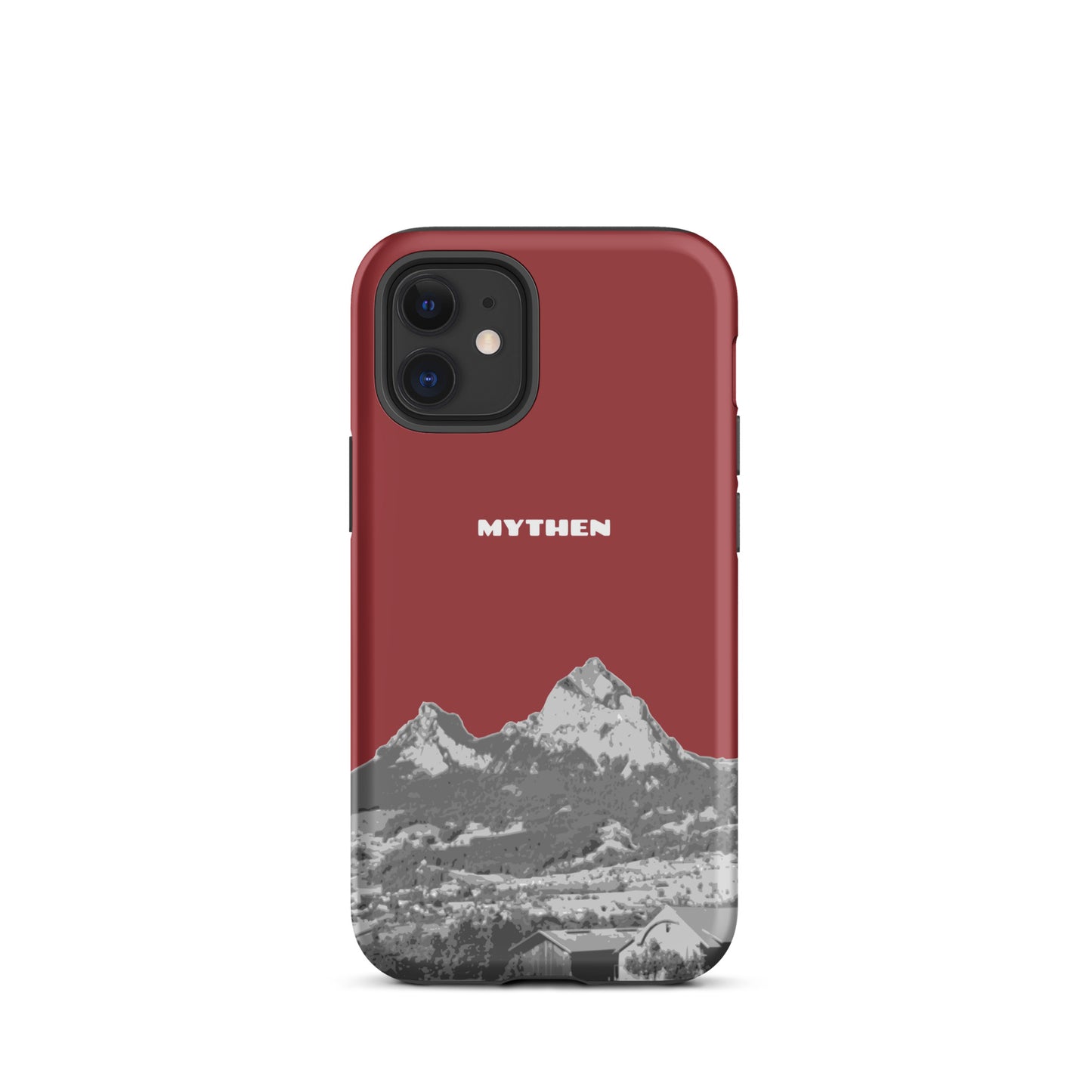 Rote iPhone 12 mini Hülle mit Mythen-Motiv, Schutzhülle aus robustem Material, präzise Aussparungen.