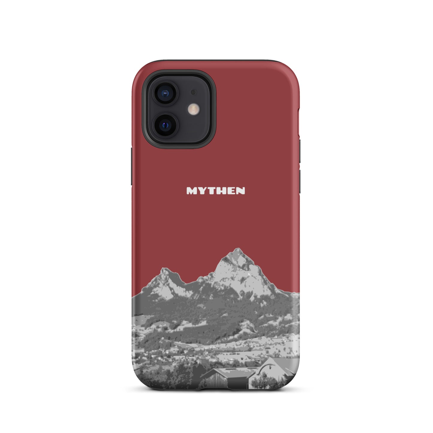 Rote iPhone 12 Hülle mit Mythen-Motiv aus Schwyz, Schutzhülle aus robustem Material.