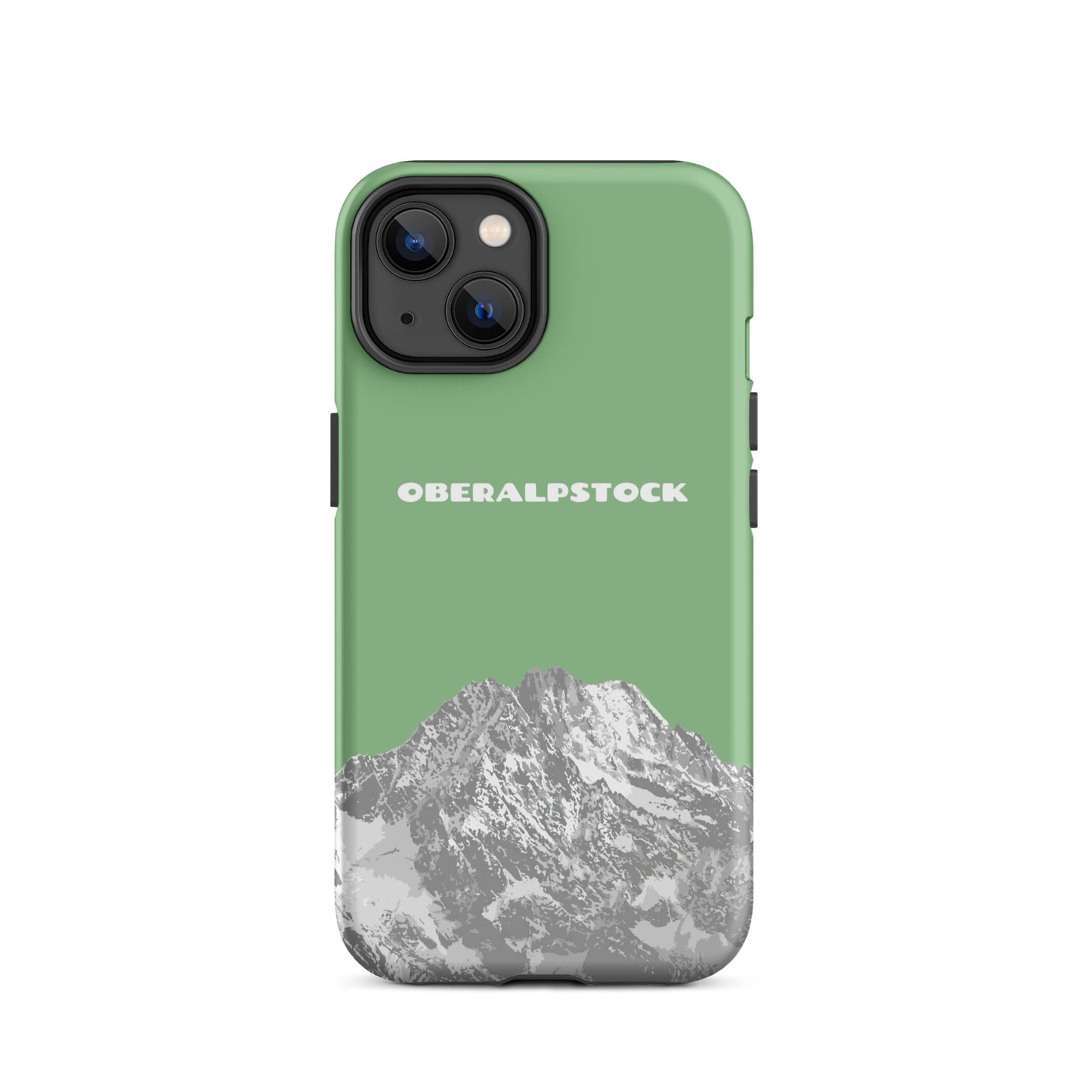 Hellgrüne iPhone 14 Hülle mit Oberalpstock-Motiv aus Graubünden, robustes Design.