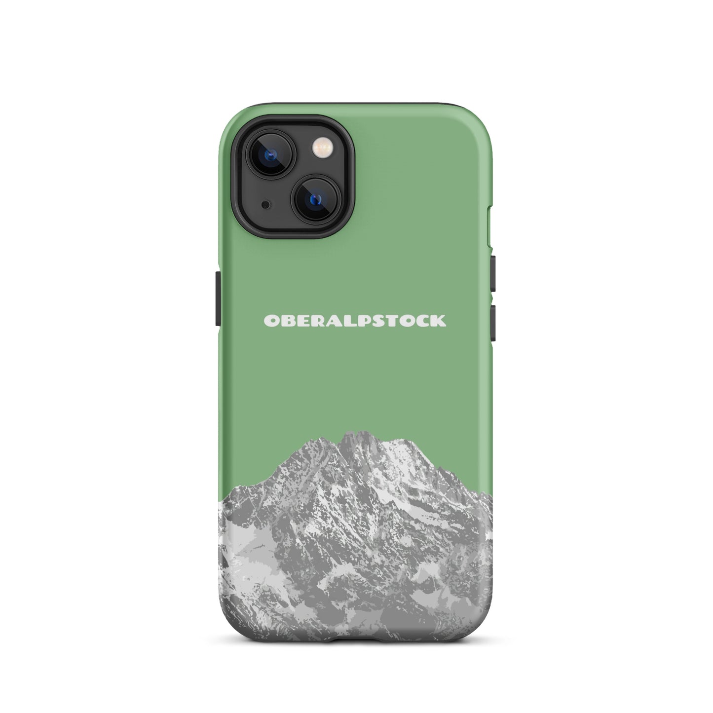 iPhone 13 Hülle in Hellgrün mit Oberalpstock-Motiv aus Graubünden, robustes Design.