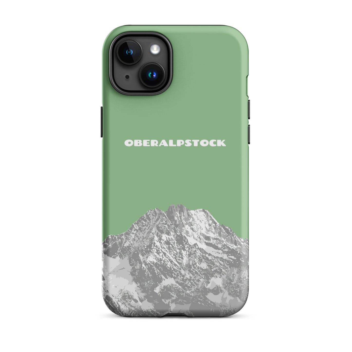 Hellgrüne iPhone 15 Plus Hülle mit Oberalpstock-Motiv aus Graubünden, robustes Design.