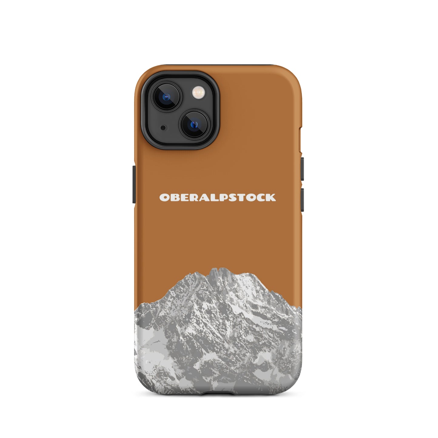 Kupferfarbene iPhone 14 Hülle mit Oberalpstock-Motiv aus Graubünden, Schweiz.