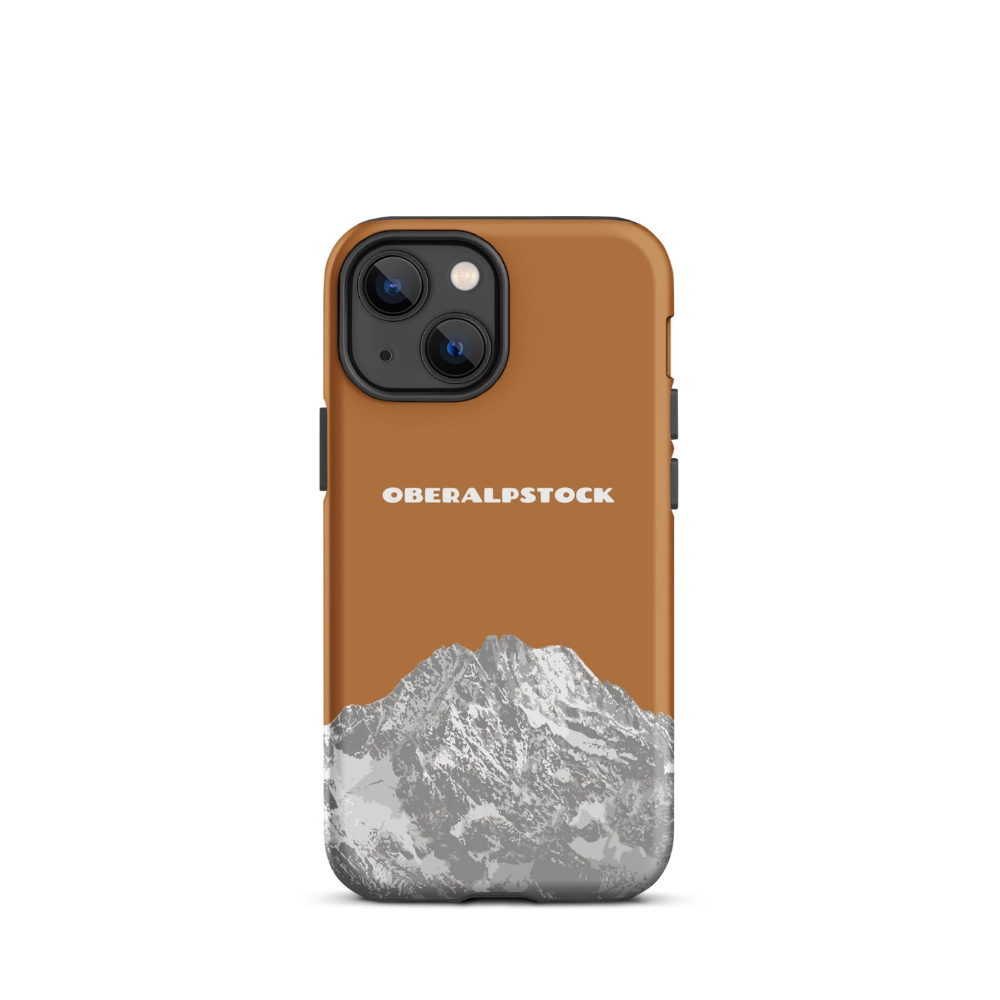 Kupferfarbene iPhone 13 mini Handyhülle mit Oberalpstock-Motiv aus Graubünden, robustes Design.