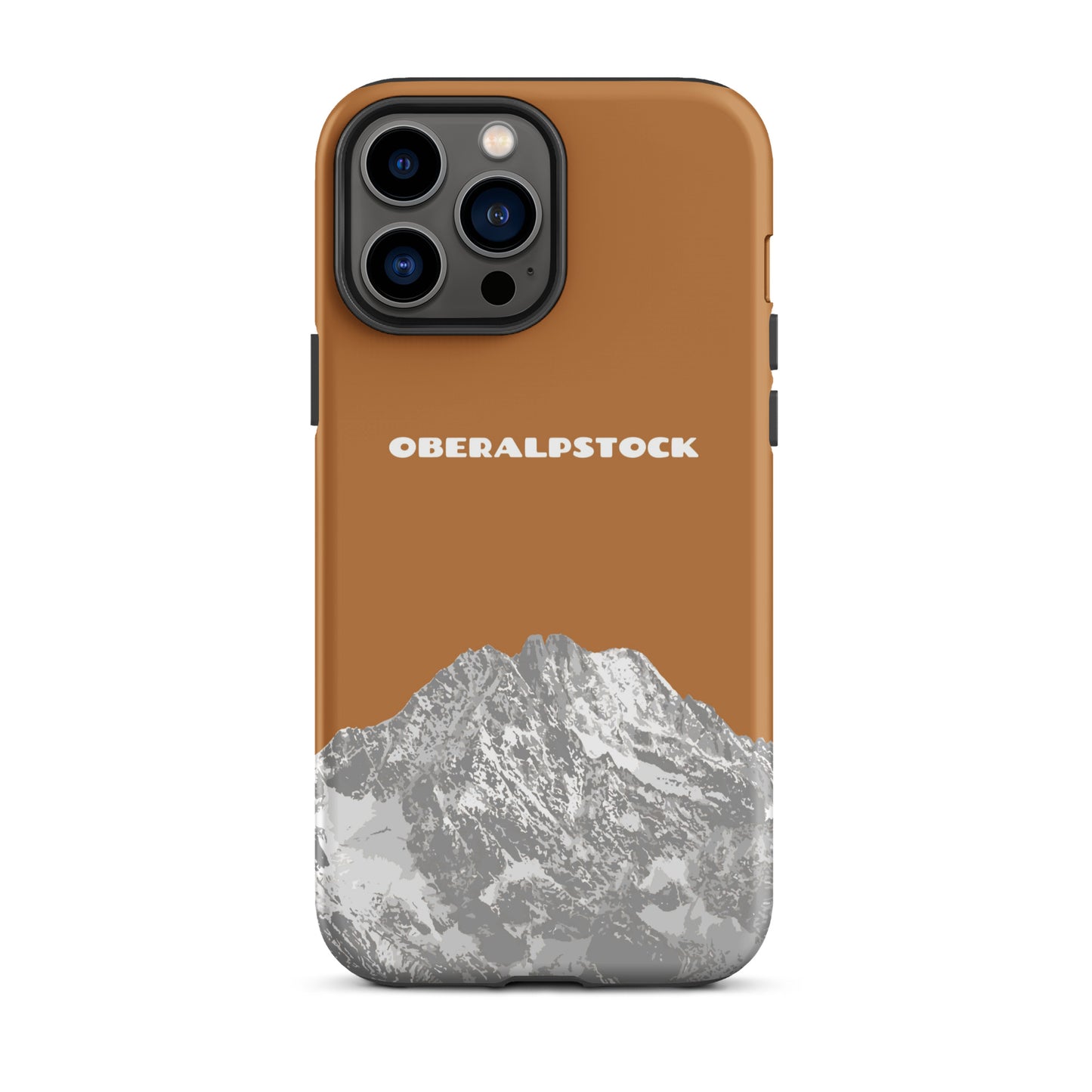 Kupferfarbene iPhone 13 Pro Max Hülle aus robustem Material mit Oberalpstock-Motiv aus Graubünden.