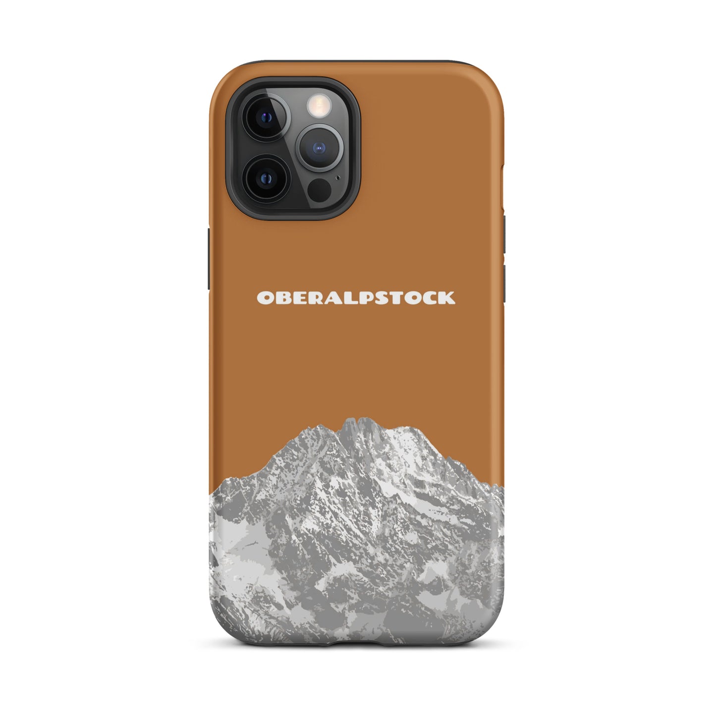Kupferfarbene iPhone 12 Pro Max Hülle mit Oberalpstock-Motiv aus Graubünden.