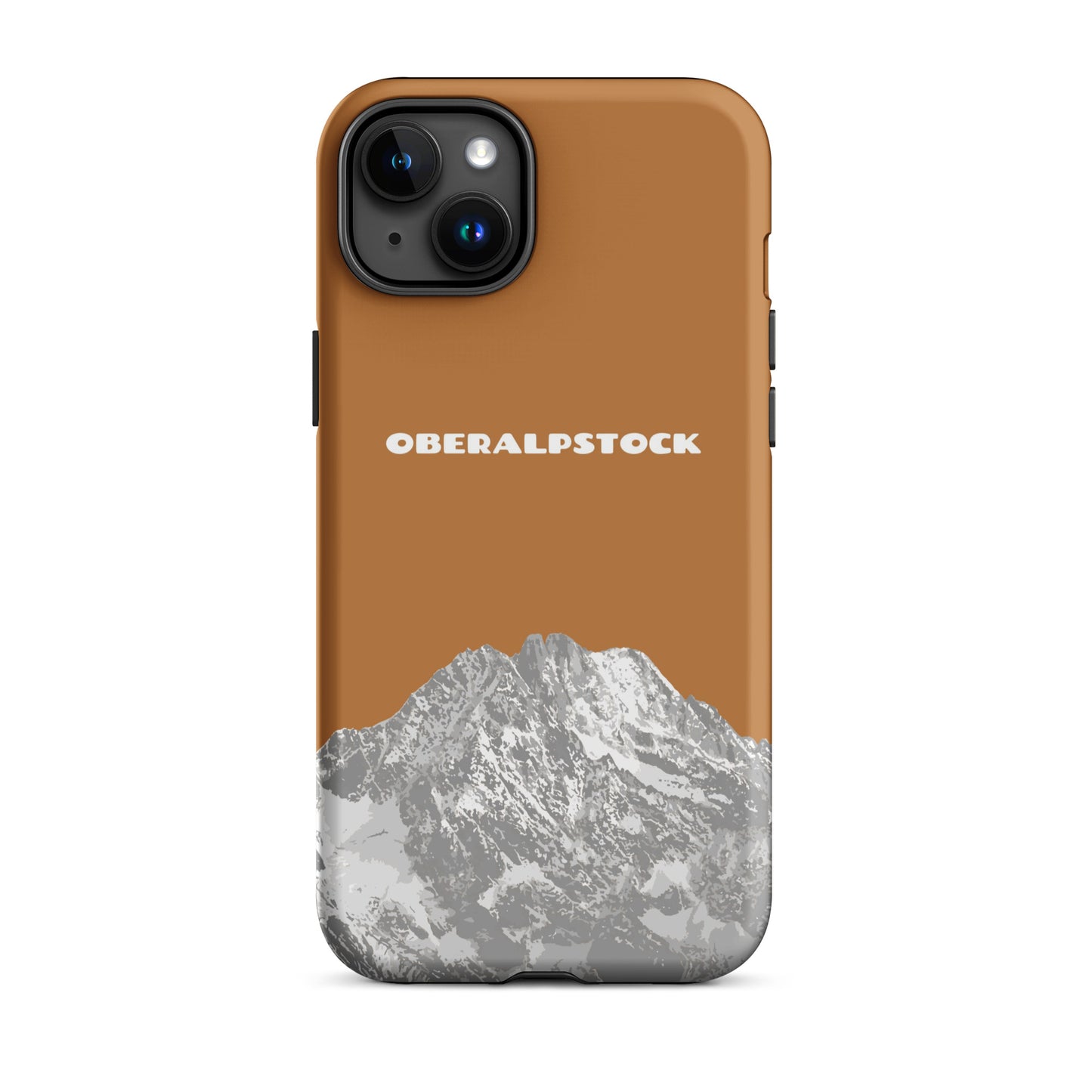 Kupferfarbene iPhone 15 Plus Hülle mit Oberalpstock-Motiv aus Graubünden, Schweiz.