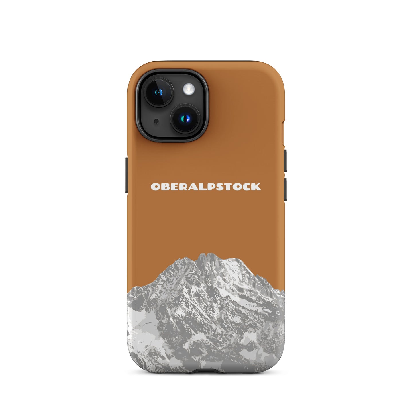 Kupferfarbene iPhone 15 Hülle mit Oberalpstock-Motiv aus Graubünden, Schweiz.