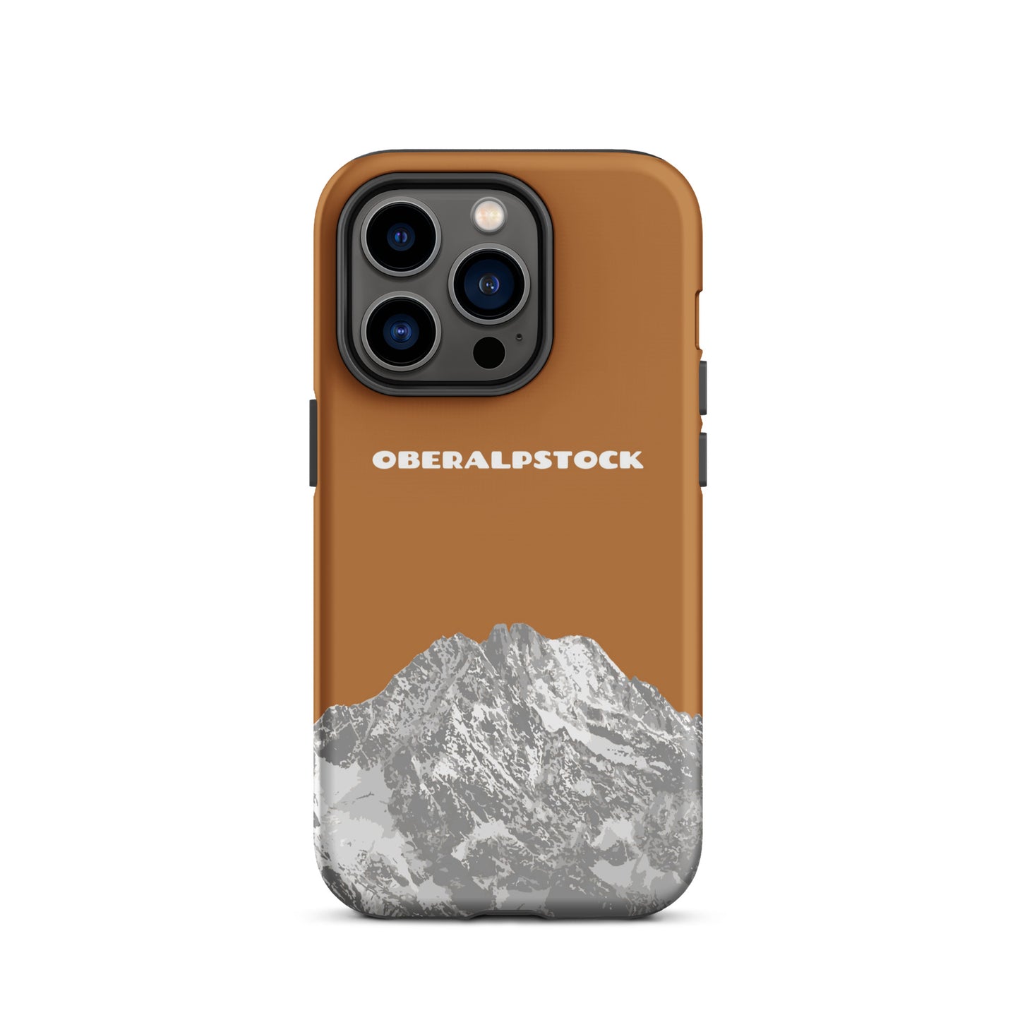 Kupferfarbene iPhone 14 Pro Hülle mit Oberalpstock-Motiv aus Graubünden.