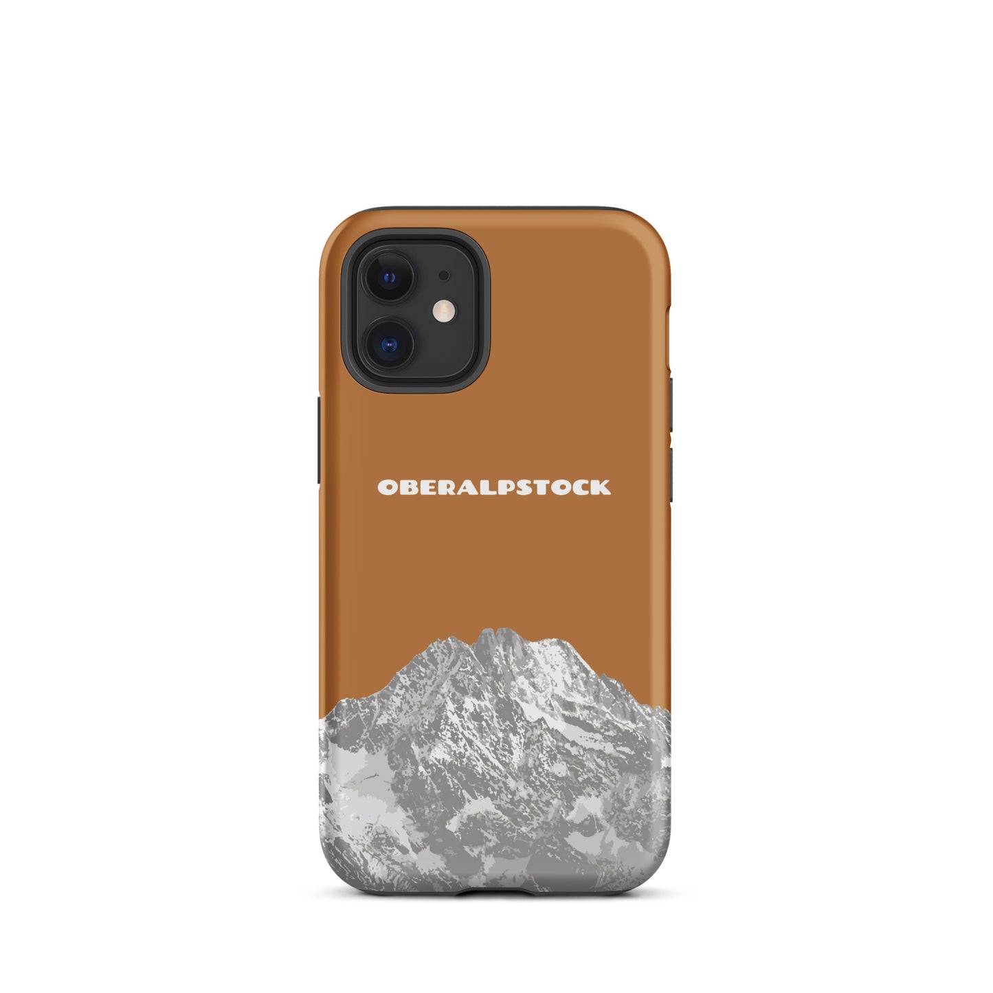 Kupferfarbene iPhone 12 Mini Handyhülle mit Oberalpstock-Motiv aus Graubünden.