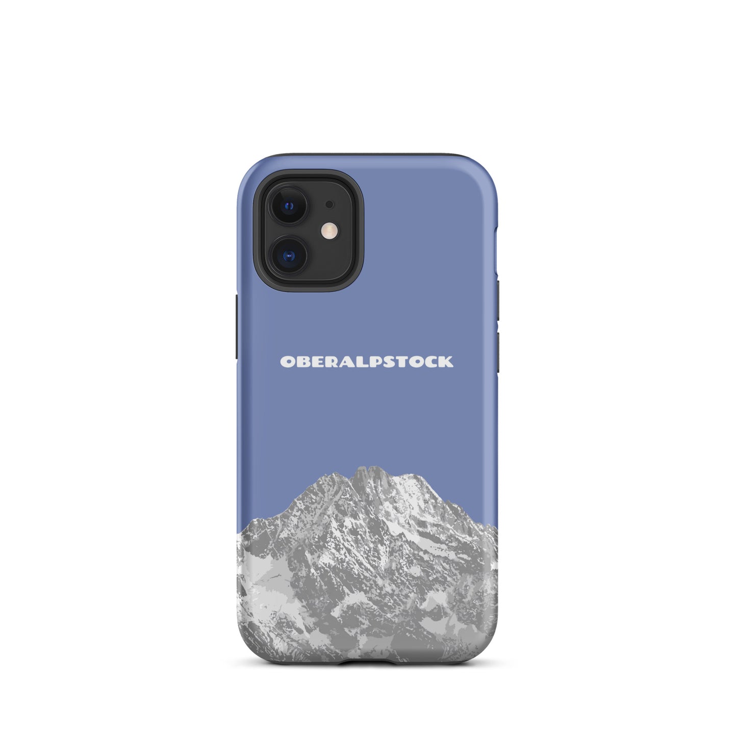 Handyhülle für iPhone 12 mini in Pastellblau mit Oberalpstock-Motiv aus Graubünden, Schweiz.