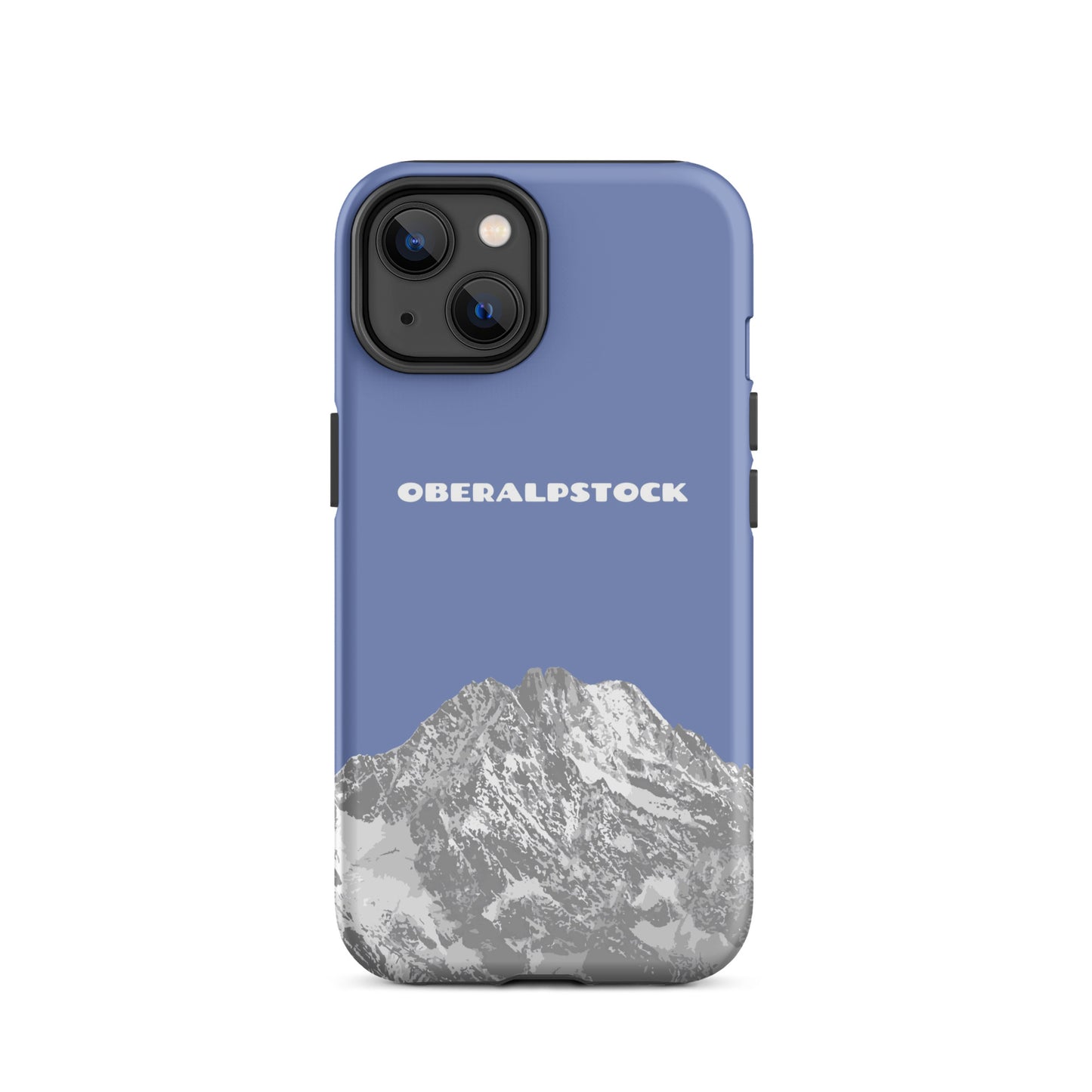 Pastellblaue iPhone 14 Hülle mit Oberalpstock-Motiv aus Graubünden, schützende Silikonhülle.