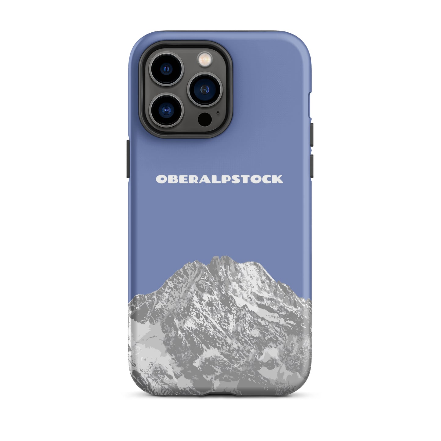 Pastellblaue iPhone 14 Pro Max Hülle mit Oberalpstock-Motiv aus Graubünden, robustes Design.