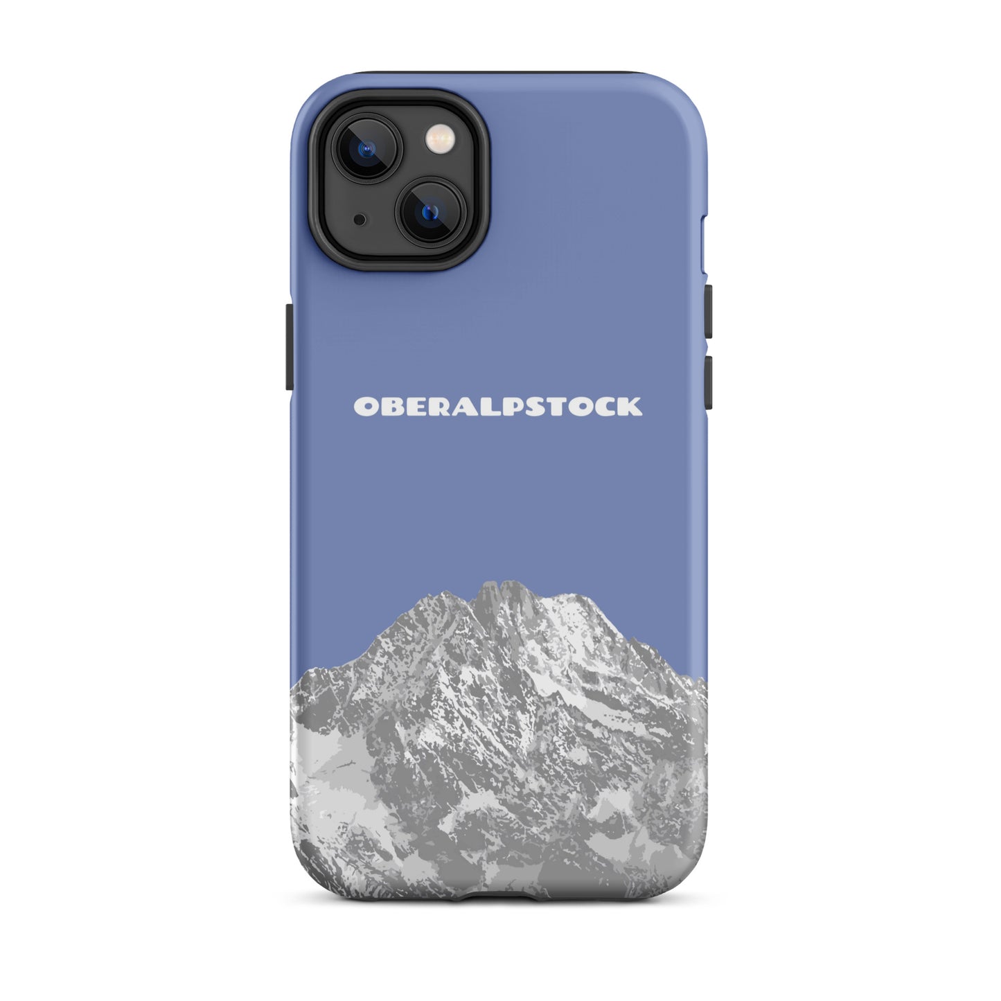 Pastellblaue iPhone 14 Plus Hülle mit Oberalpstock-Motiv aus Graubünden, Schweiz.
