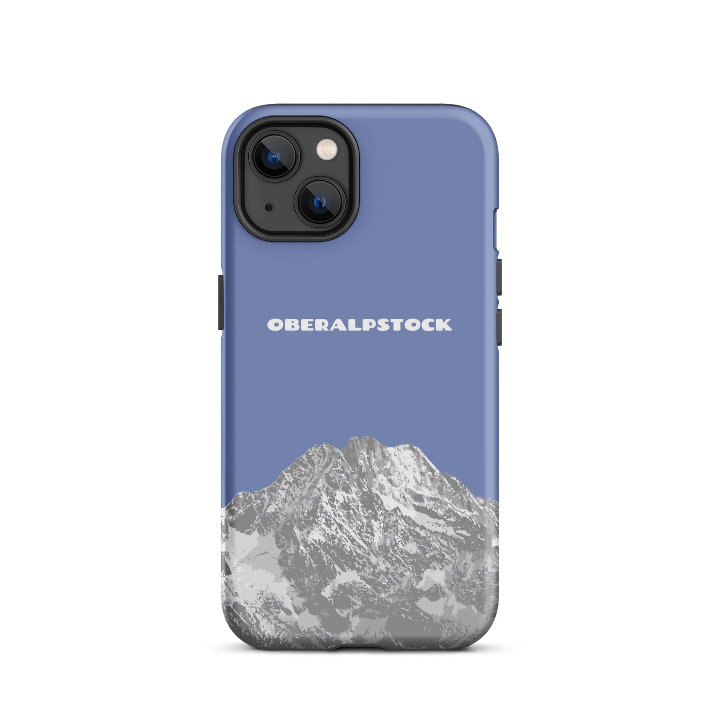 Pastellblaue iPhone 13 Hülle mit Oberalpstock-Motiv aus Graubünden, schützende Silikonhülle.