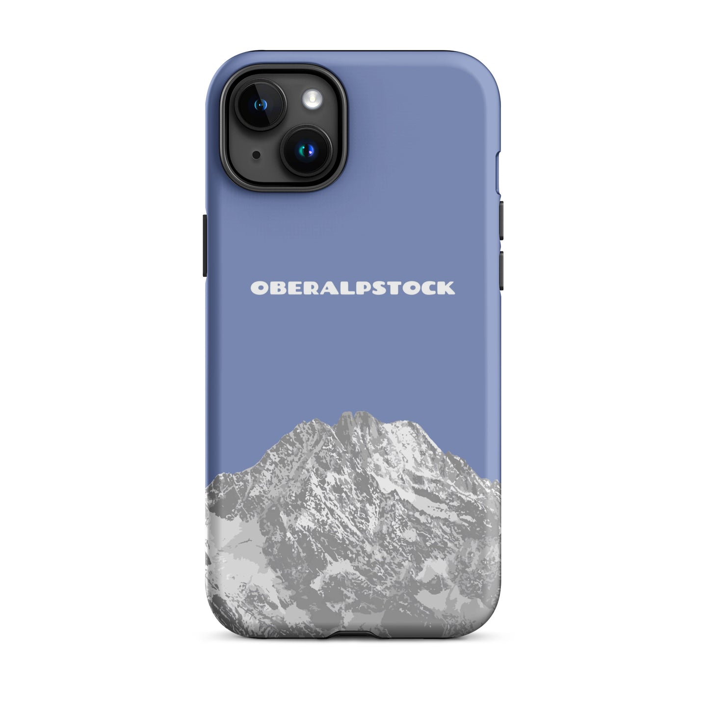 Pastellblaue iPhone 15 Plus Hülle mit Oberalpstock-Motiv aus Graubünden, robustes Design.