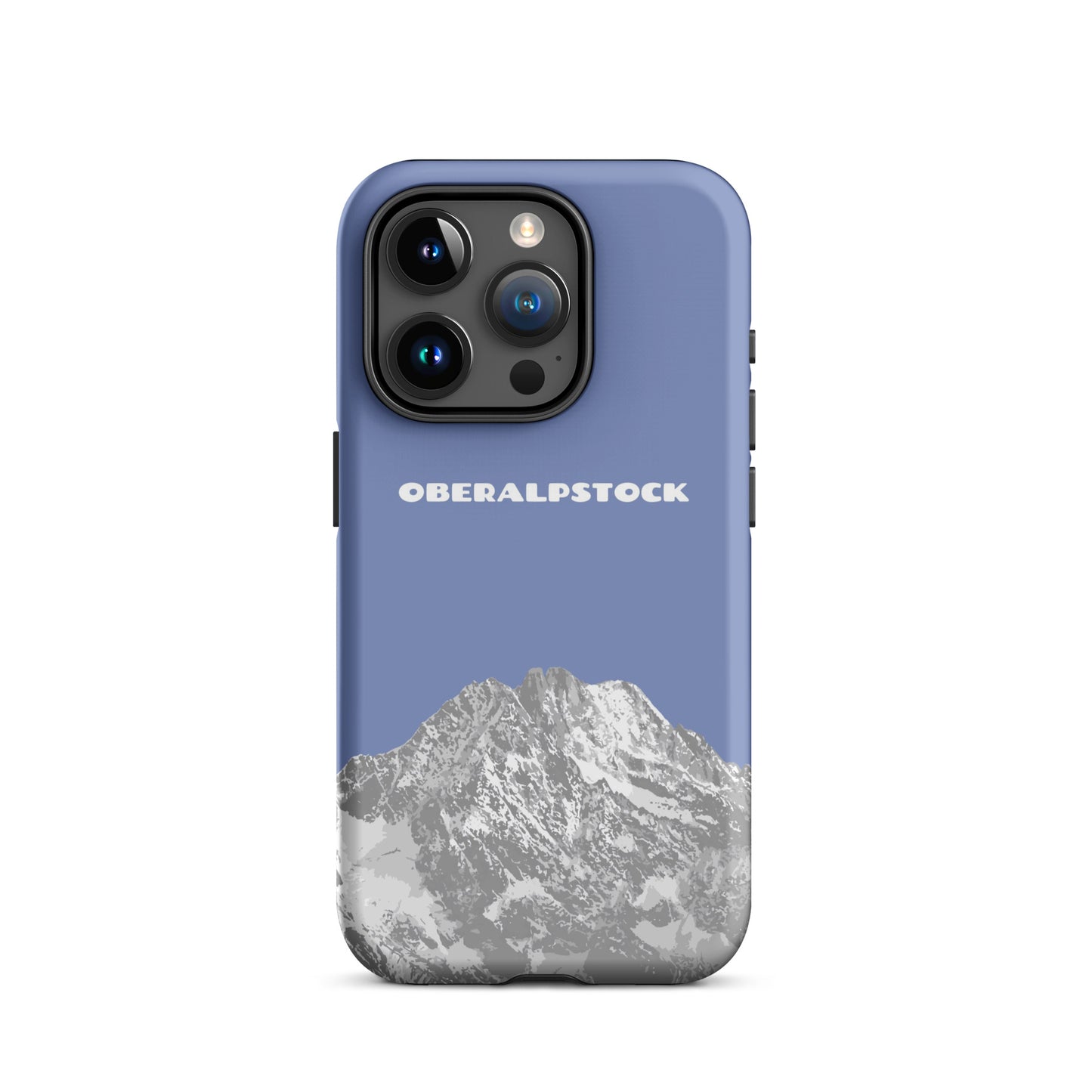 Pastellblaue iPhone 15 Pro Hülle mit Oberalpstock-Motiv aus Graubünden, schützende Silikonhülle.