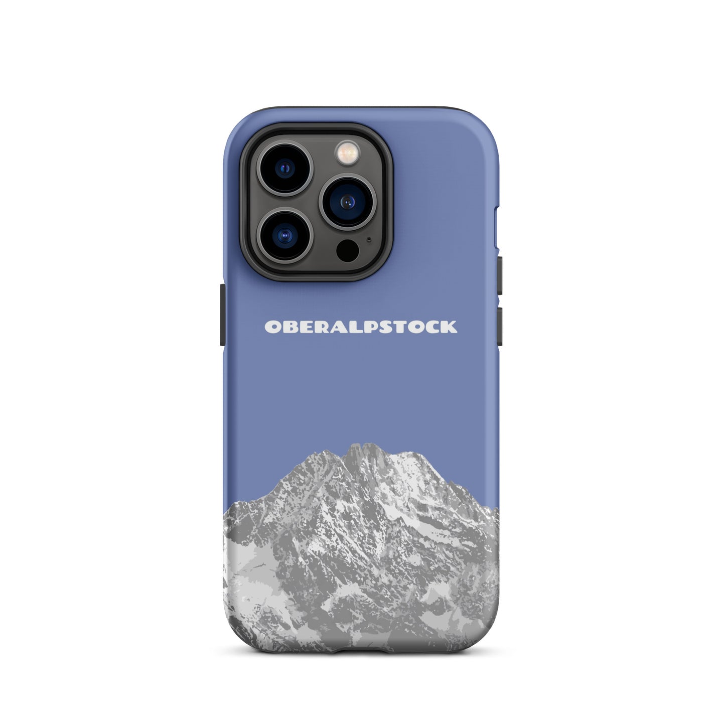 iPhone 14 Pro Hülle in Pastellblau mit Oberalpstock-Motiv aus Graubünden, robustes Design.