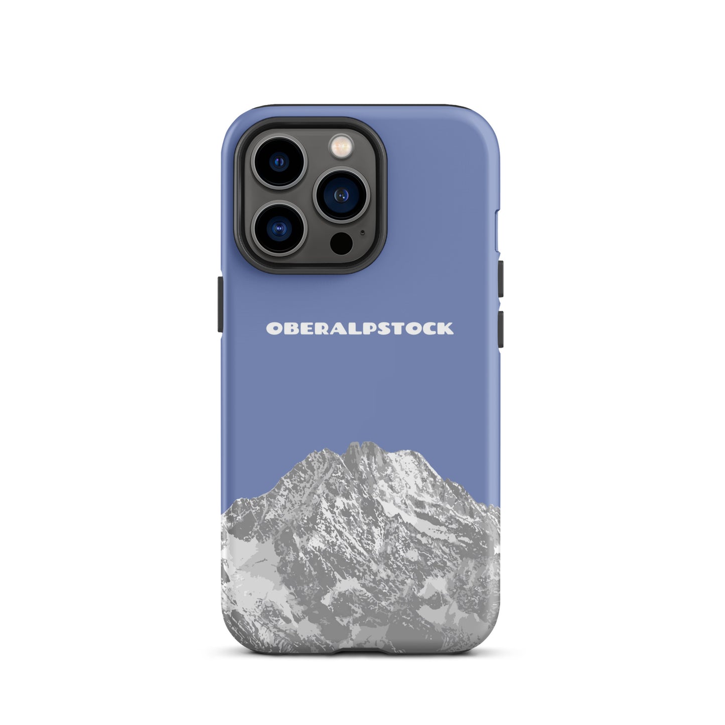 iPhone 13 Pro Hülle in Pastellblau mit Oberalpstock-Motiv aus Graubünden. Hochwertige Schutzhülle aus robustem Material.
